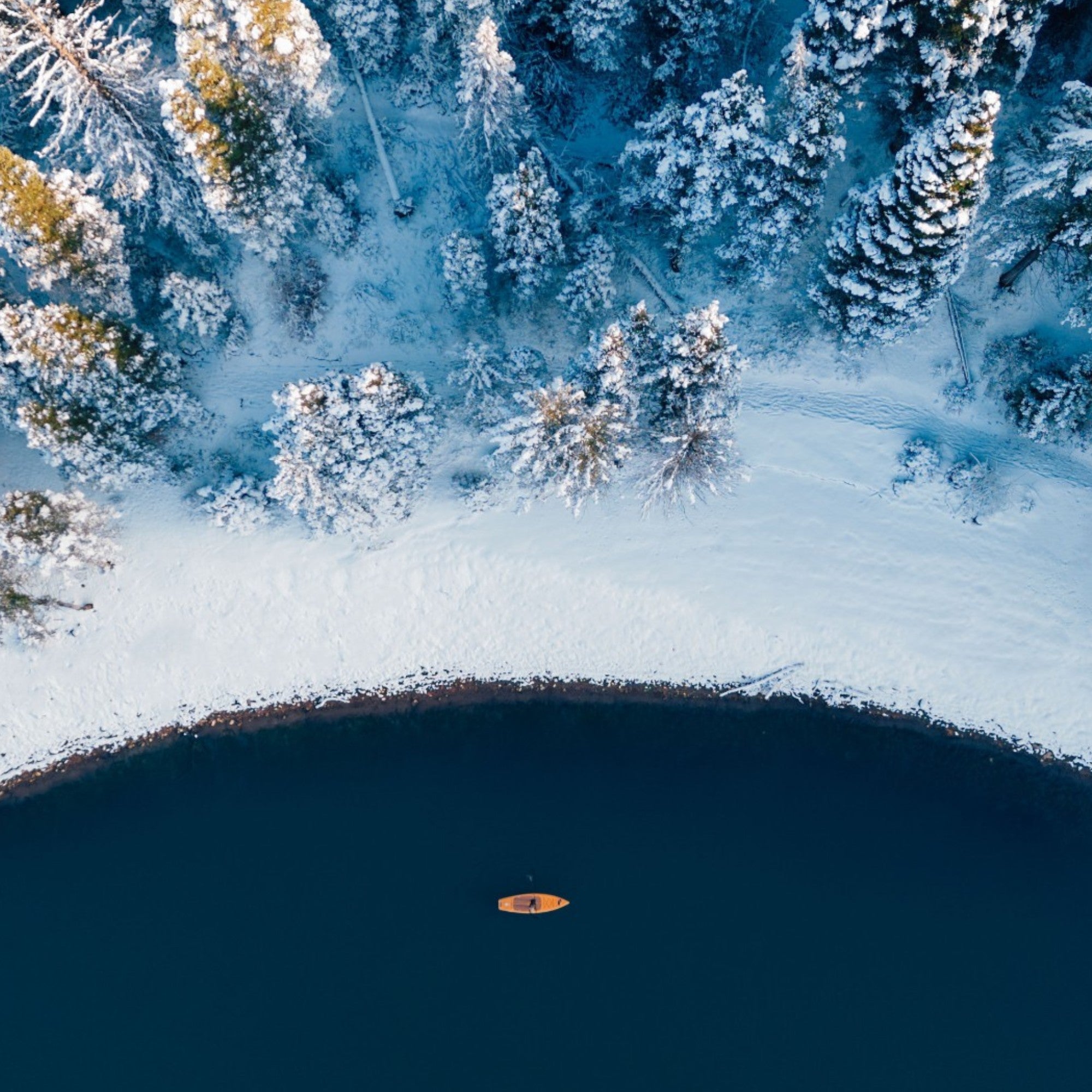 overhead drone shot of someone paddle boarding along winter shoreline