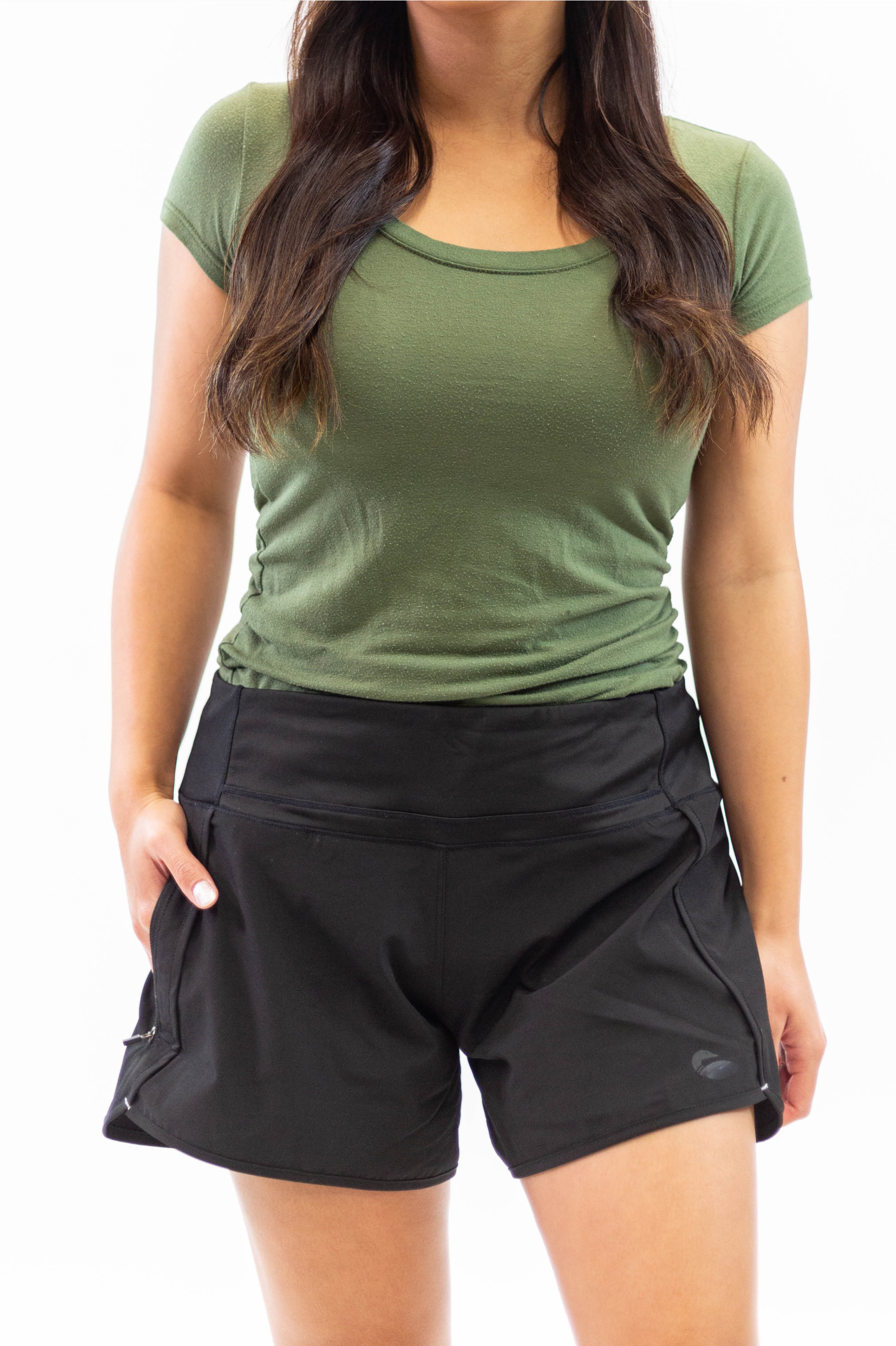Studio photograph showing black athletic shorts.
