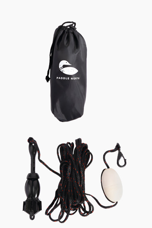 Paddle board and kayak anchor with 25' rope and storage bag against white background