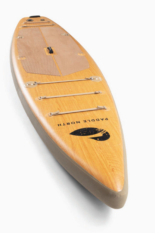 Portager inflatable paddle board in studio against white background