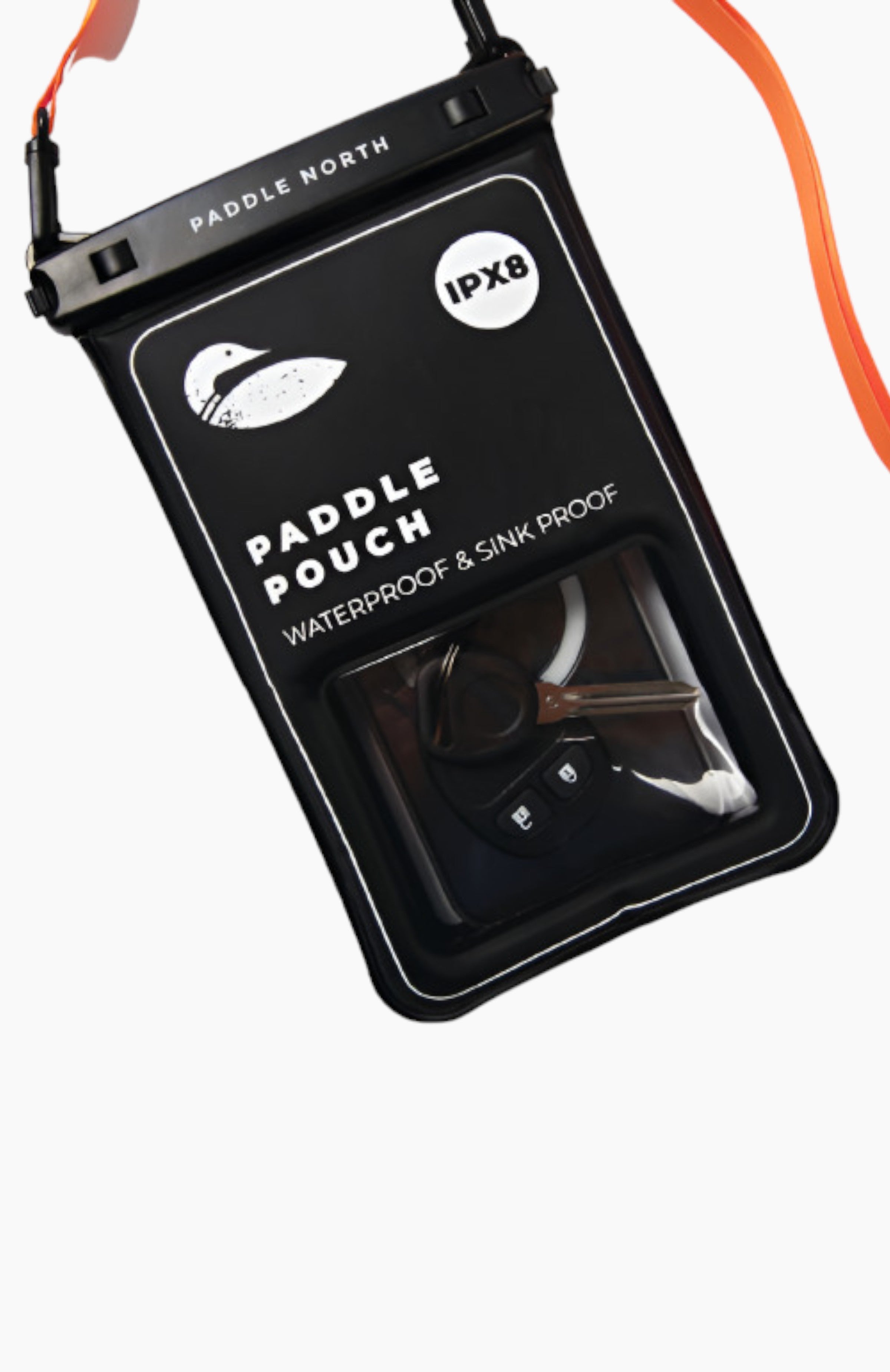 Waterproof protective transparent pouch with orange strap.