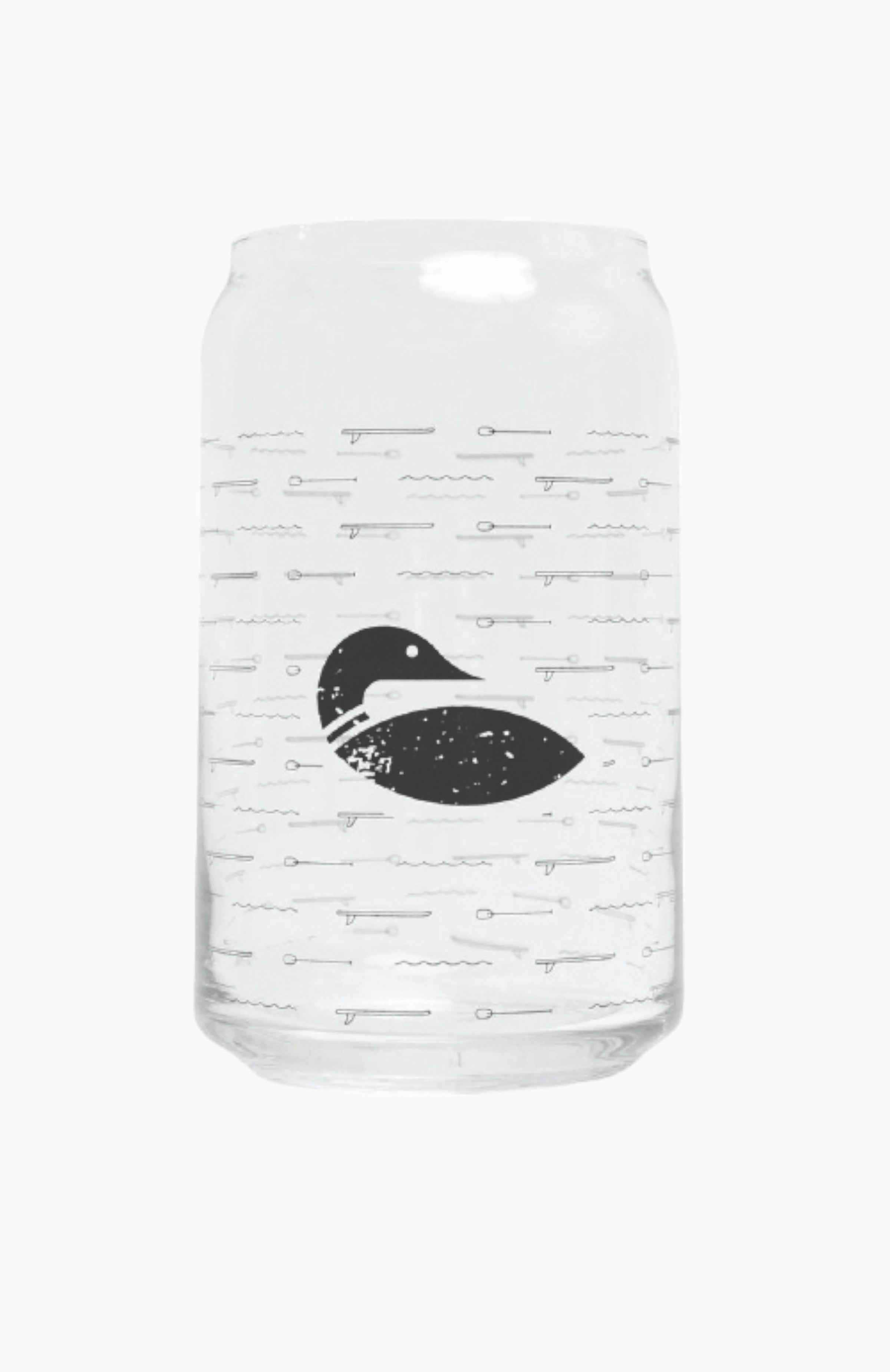 Clear drinking glass with paddle north branding printed on it.