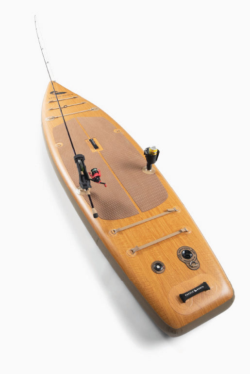 Portager inflatable paddle board set up for SUP fishing with fishing rod holder and cup holder