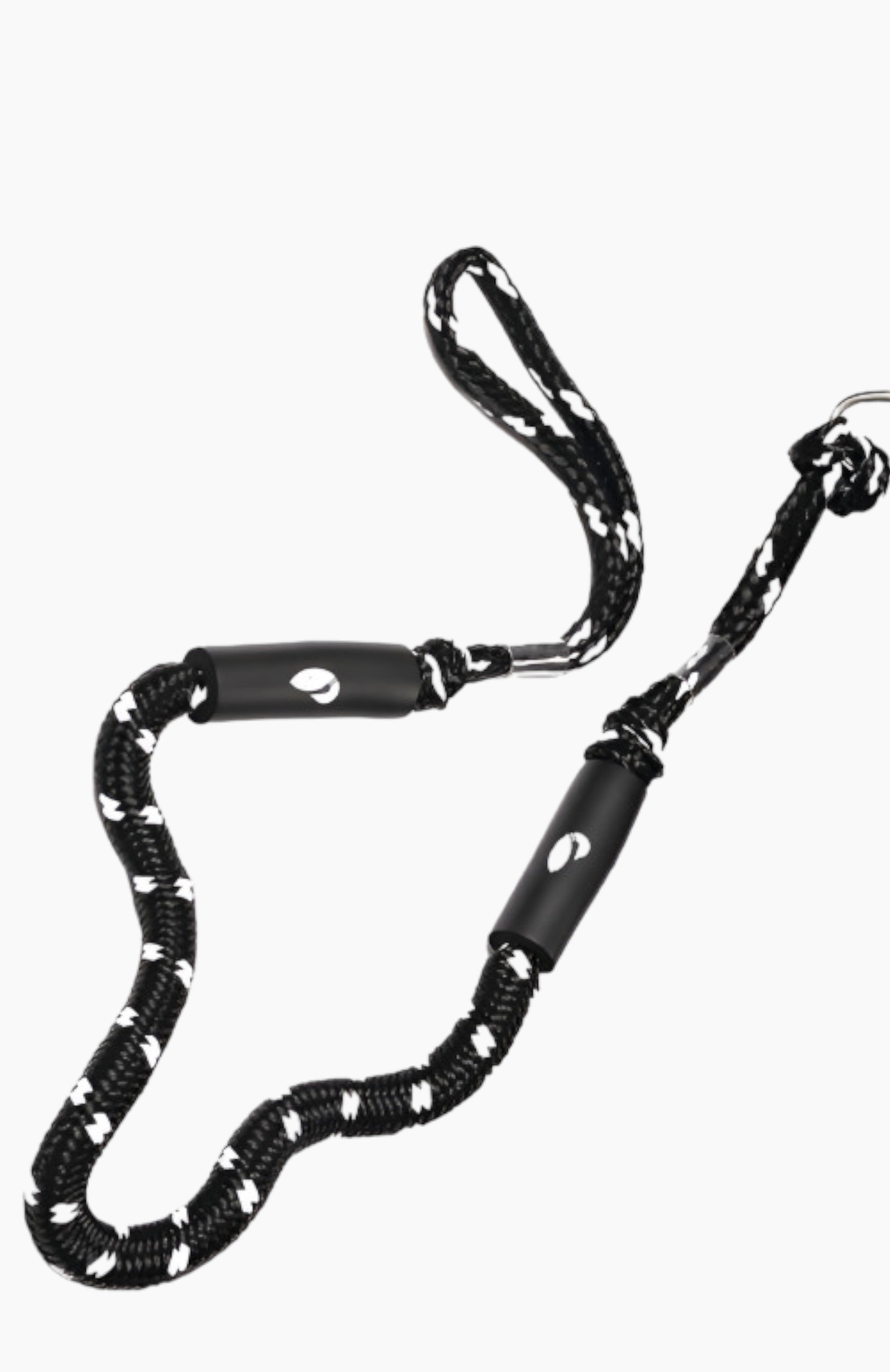 Boat accessories: a black and white woven mooring bungee rope.