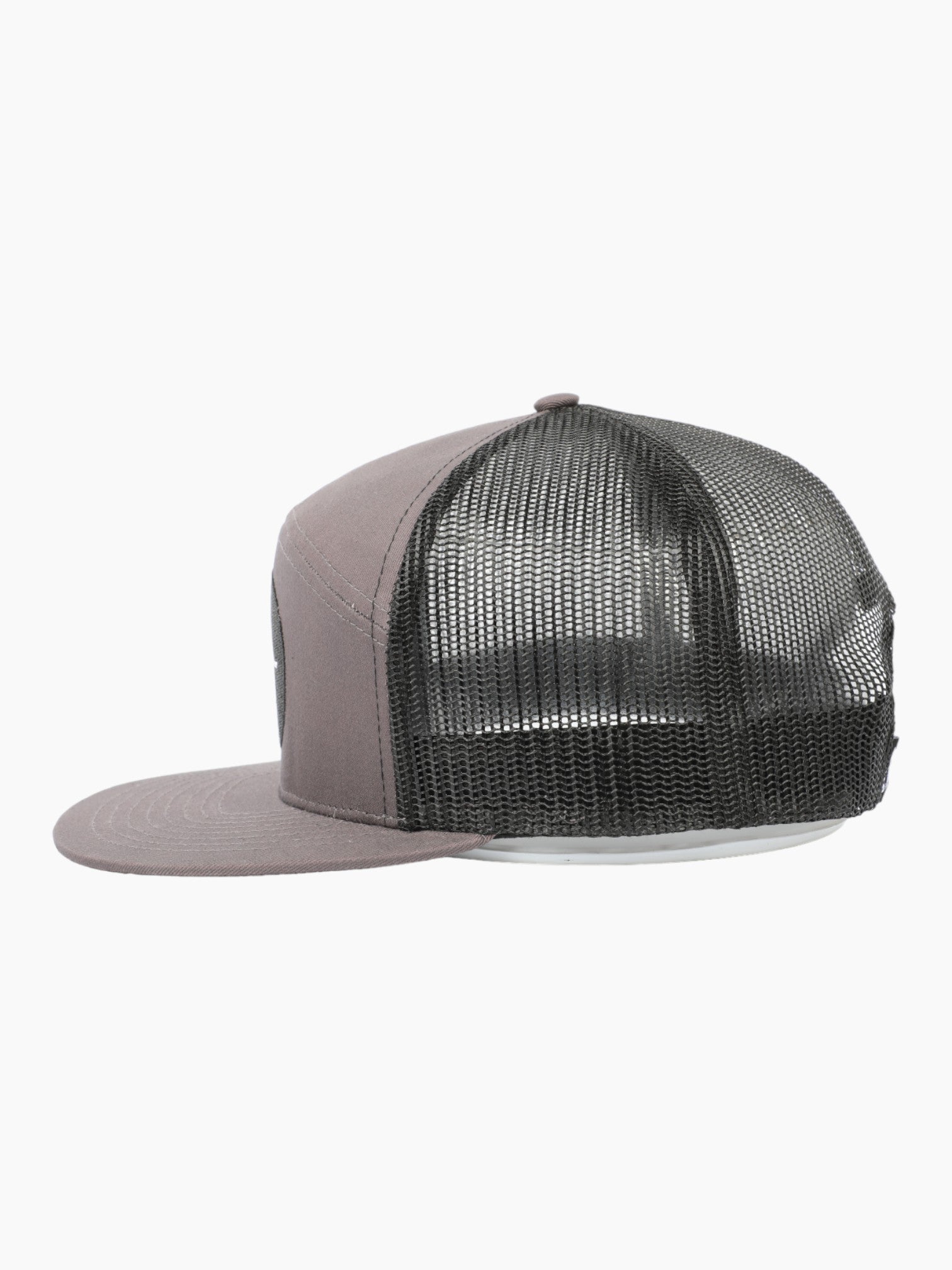 Side view of a grey trucker hat.