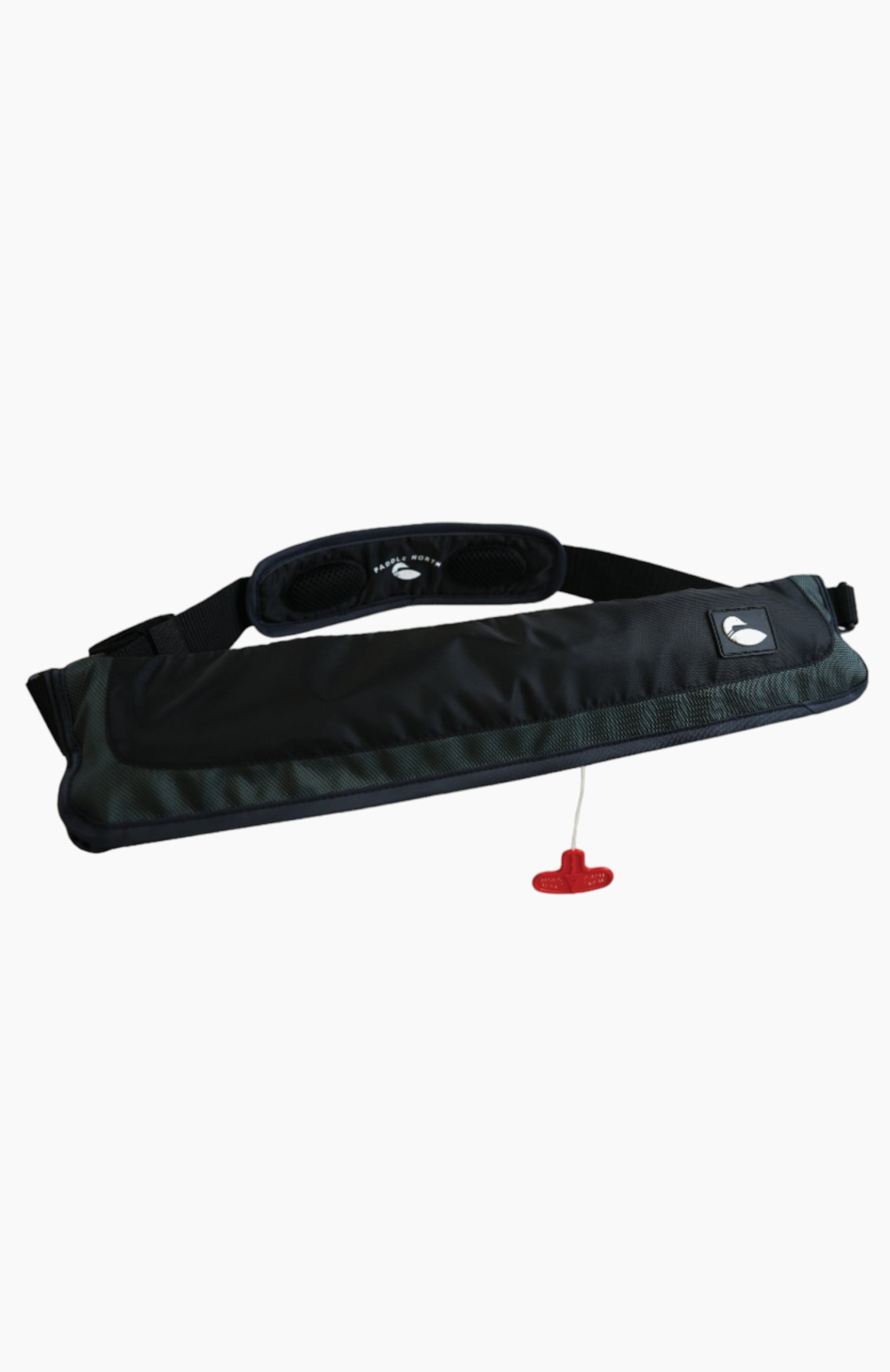 Water accessories: inflatable life jacket stored in a black bag worn like a belt.