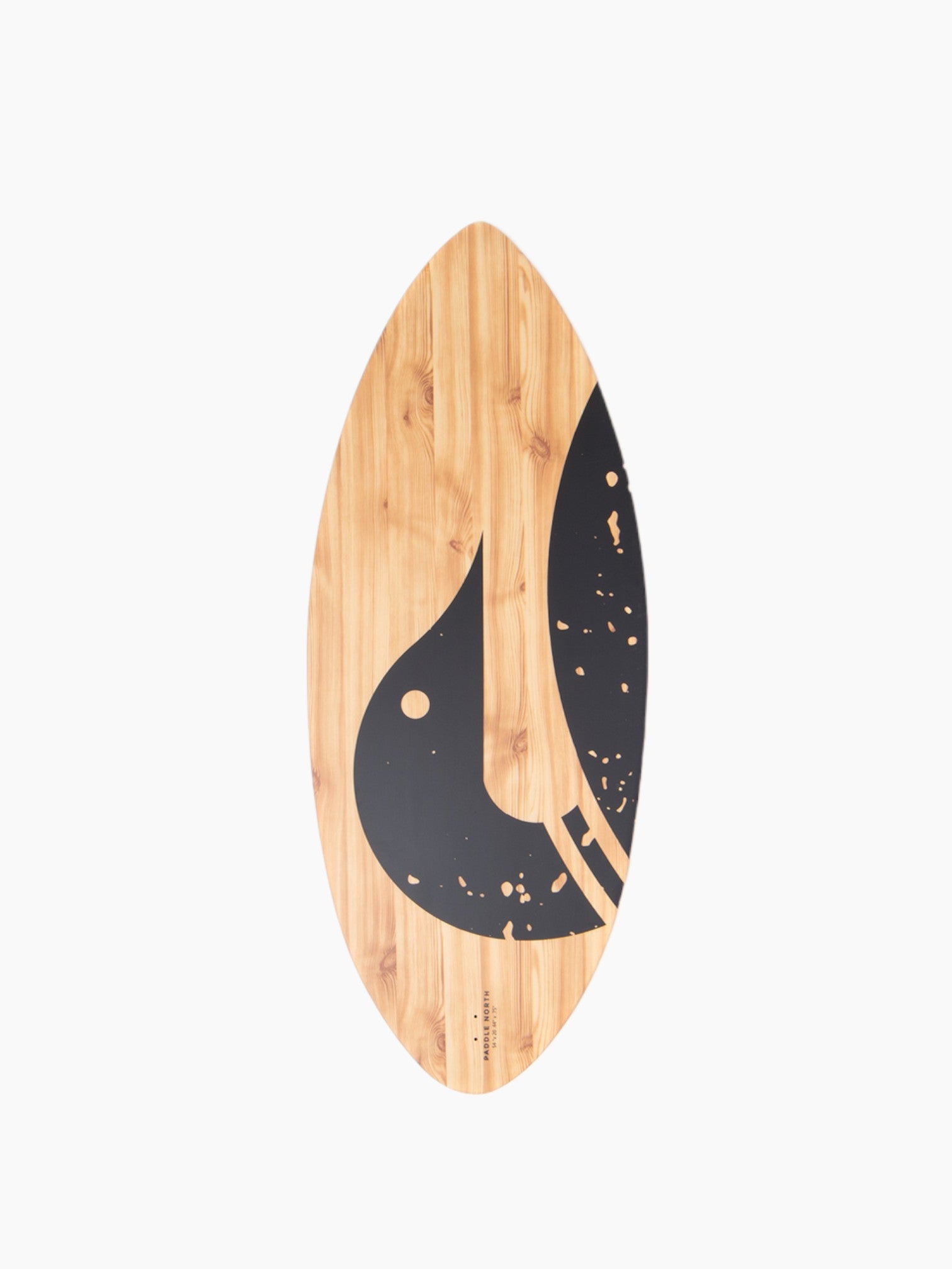 Bottom of a wooden lake surfer with a black loon printed on it.