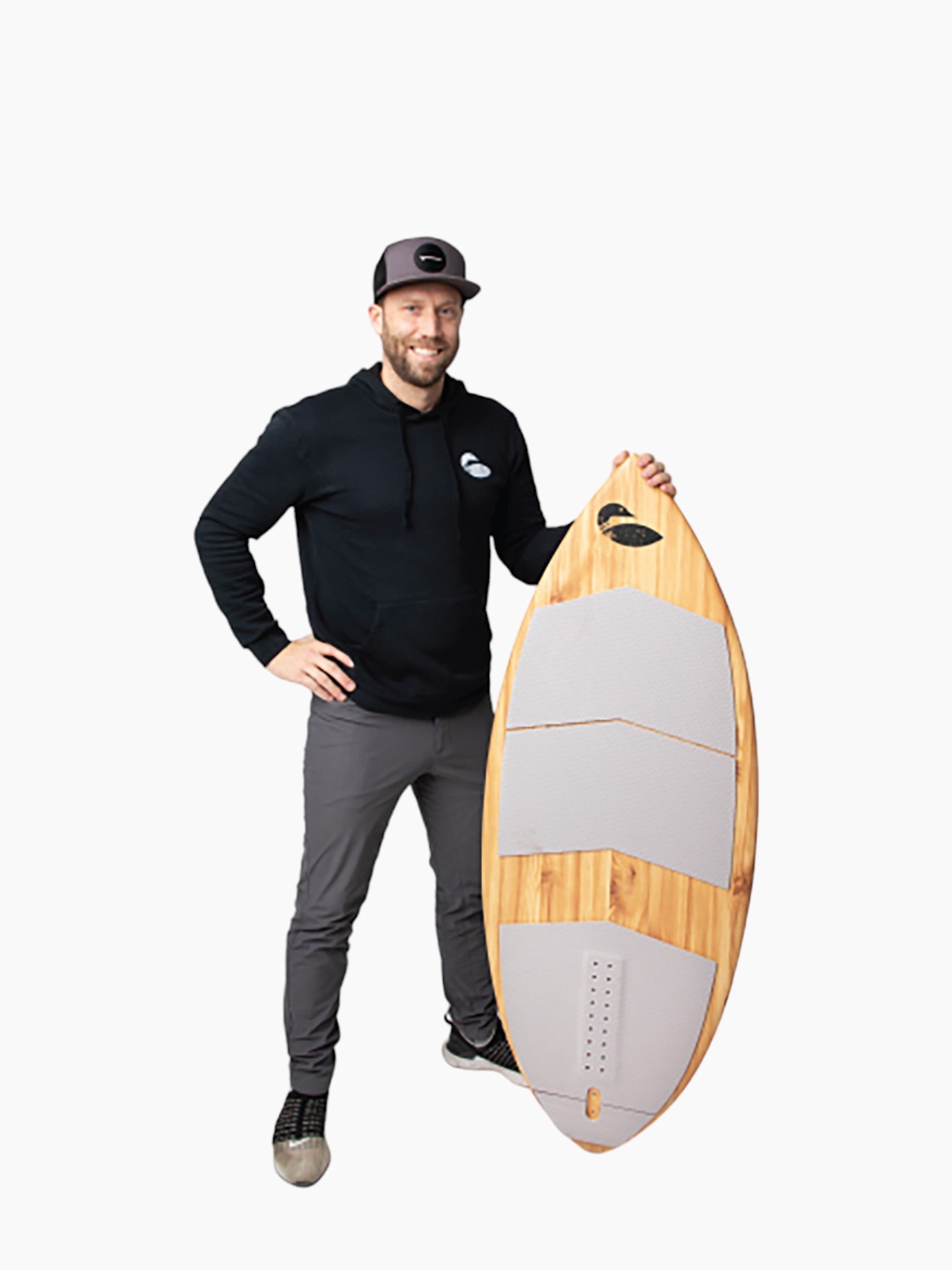 Person holding a wooden lake surfer.