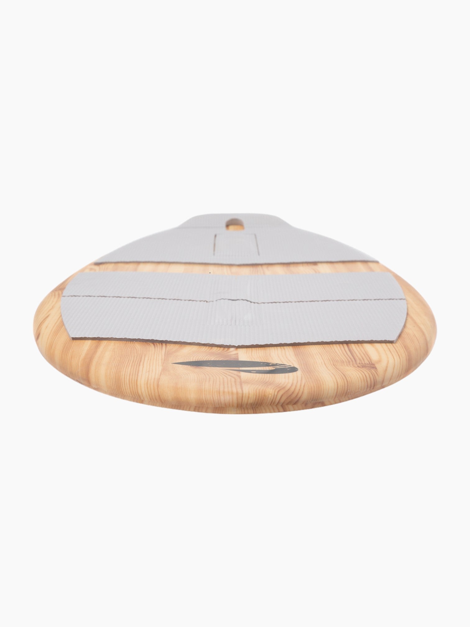 Front view of the wooden lake surfer with the grey grips.