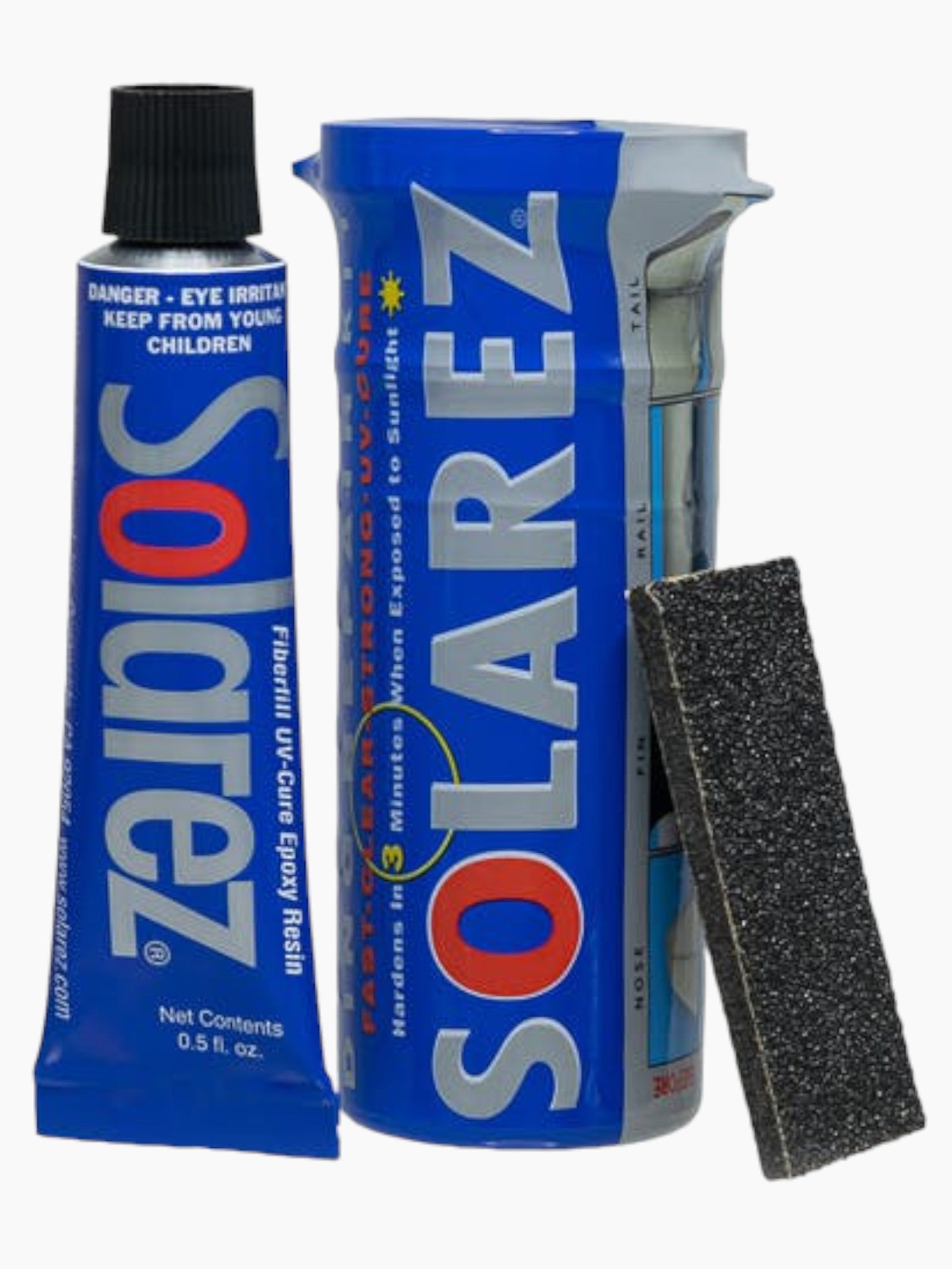 Blue squeeze bottle of solarex next to it's packaging.