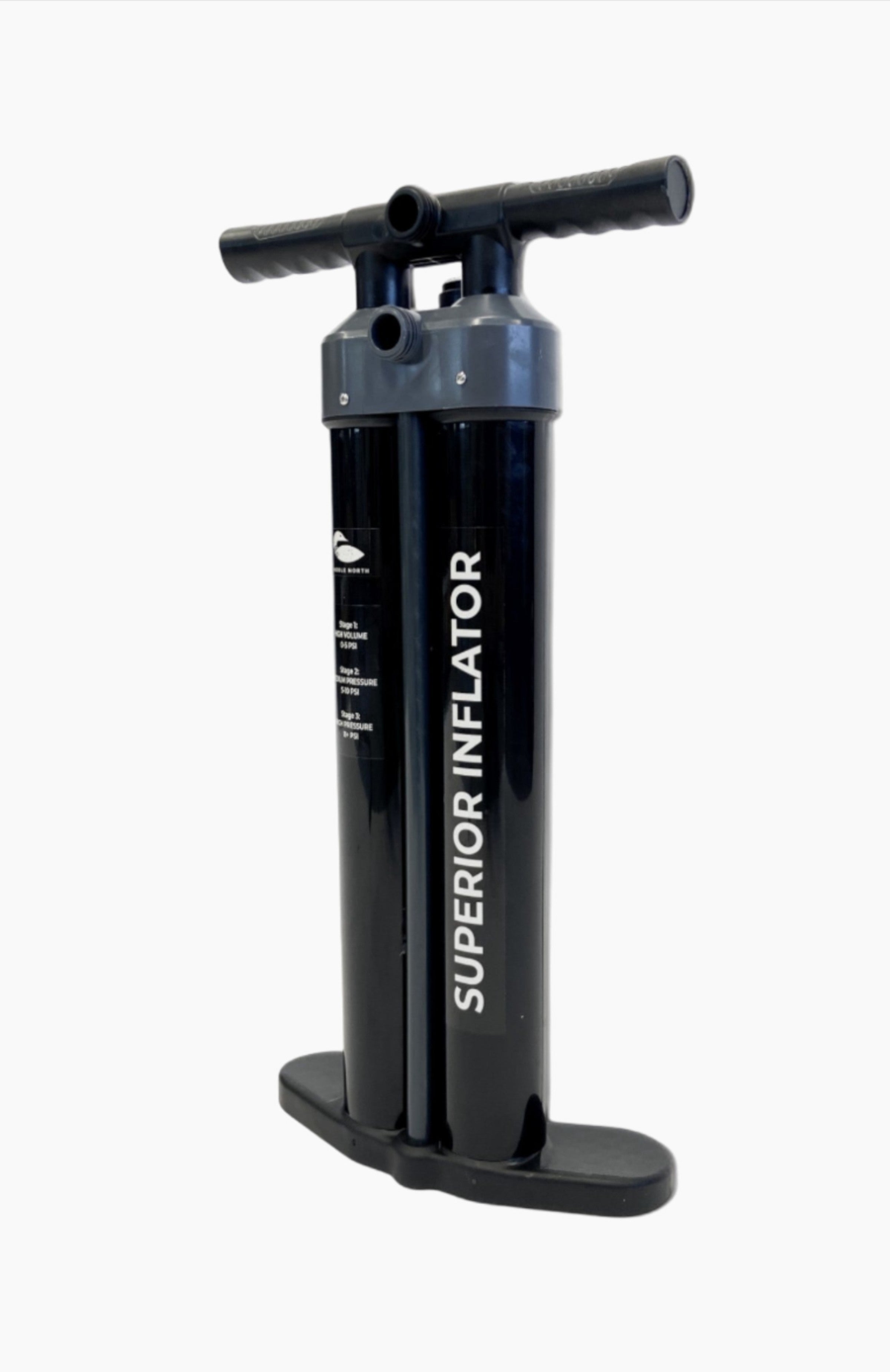 Paddle board accessories: Black manual air pump.