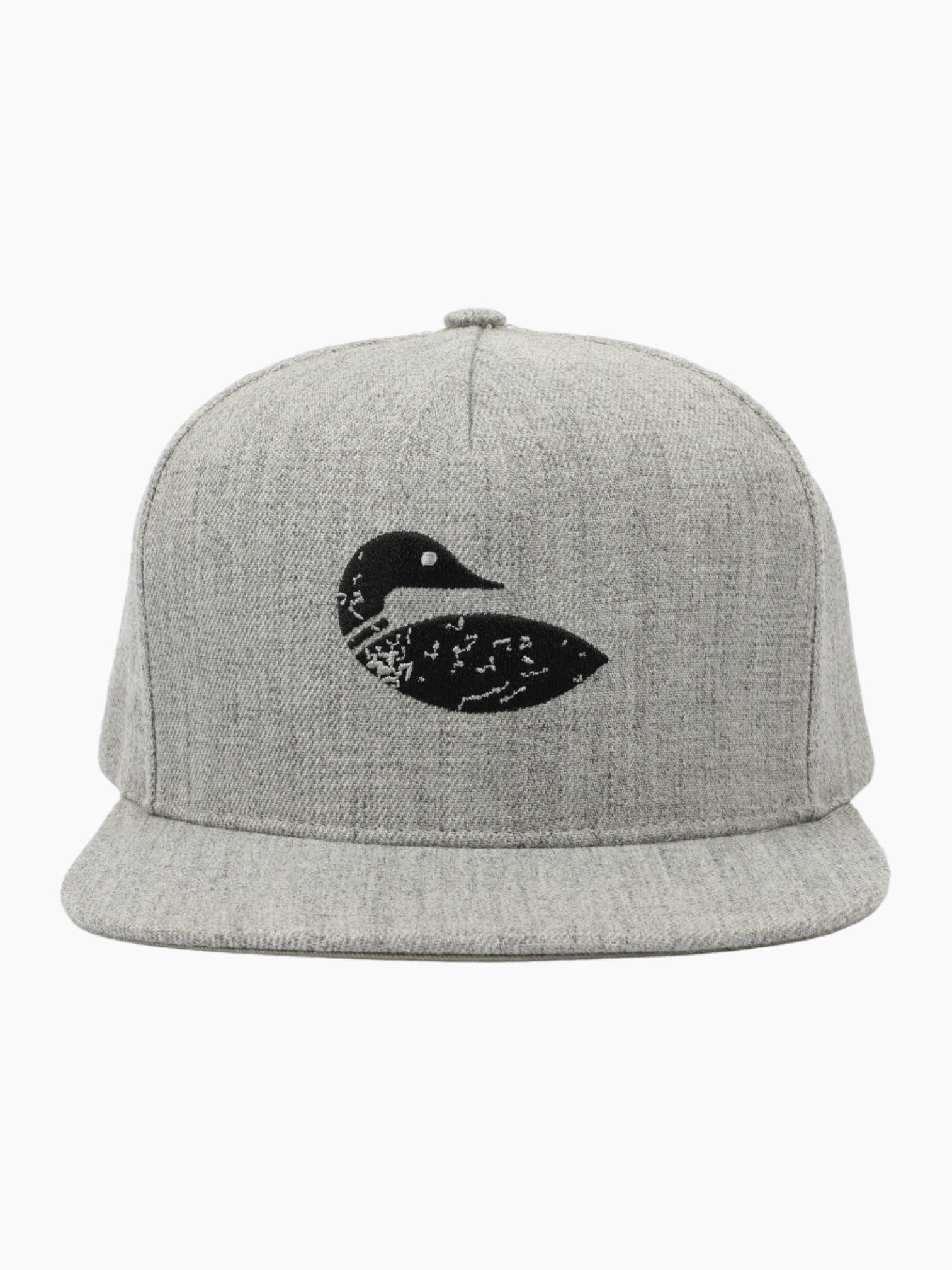 Heather light grey flat bill hat with black loon logo on the front.