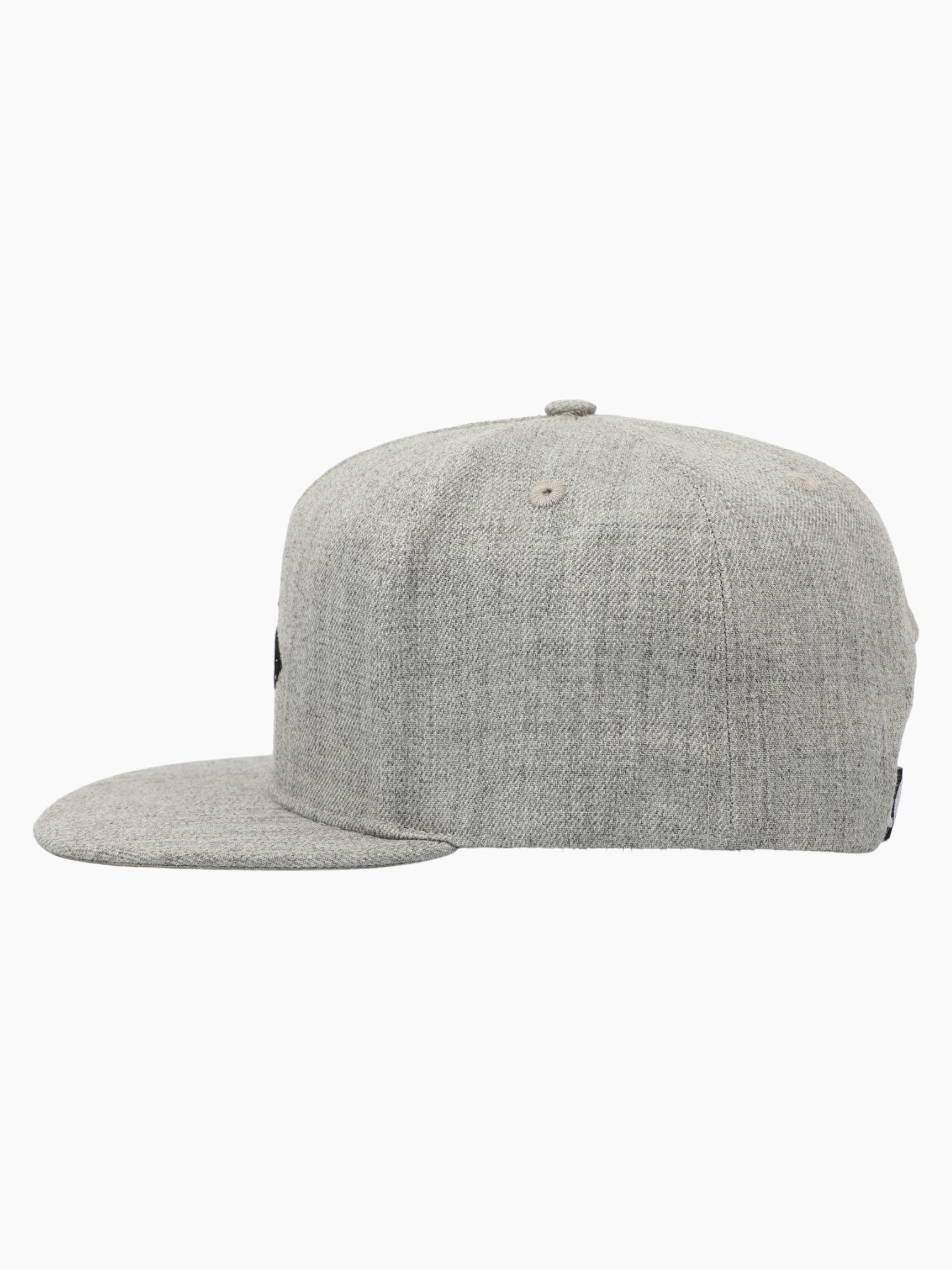 Side view of a heather light grey hat with a flat bill.