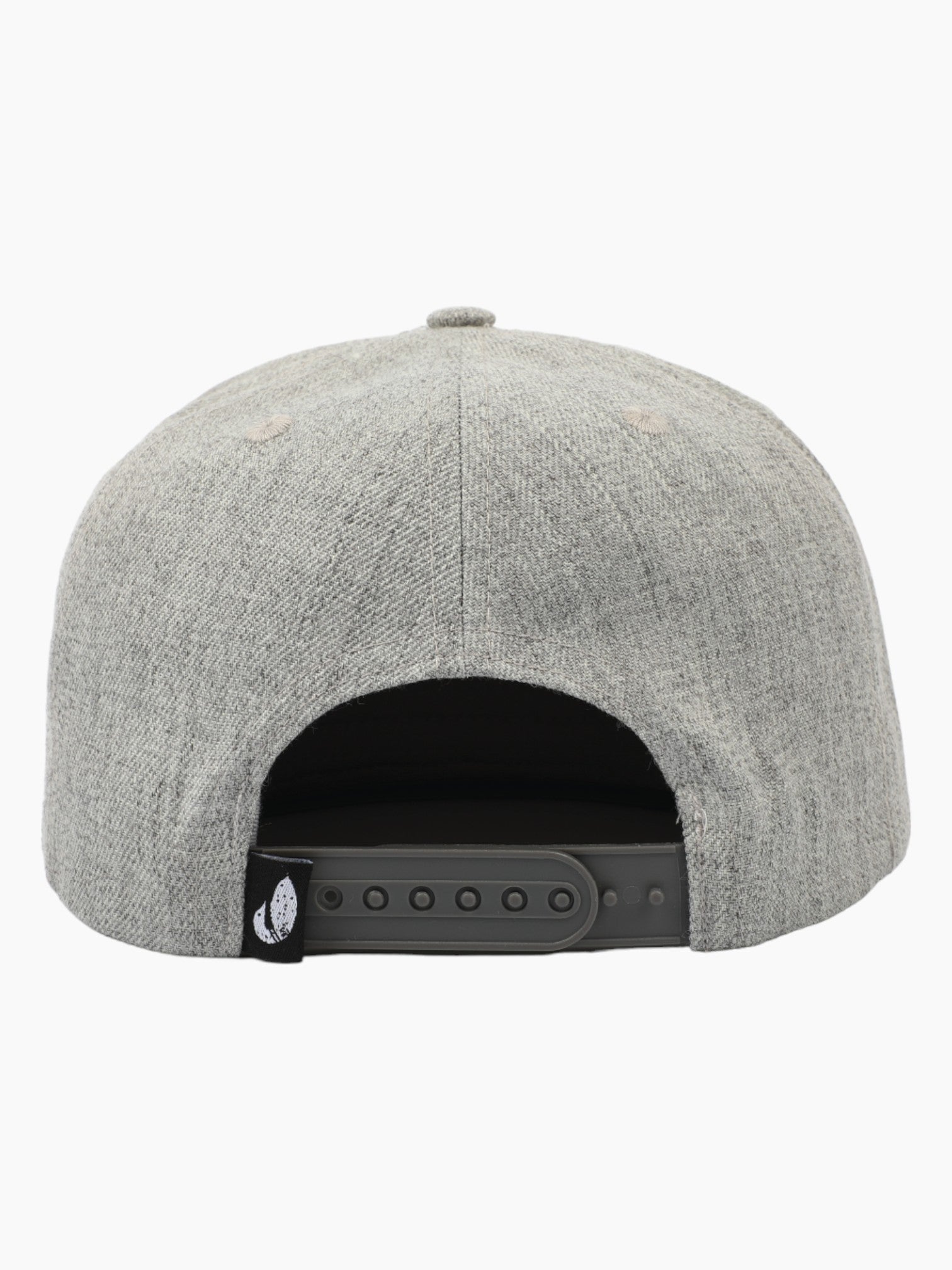 Back view of heather light grey hat with a snap back.