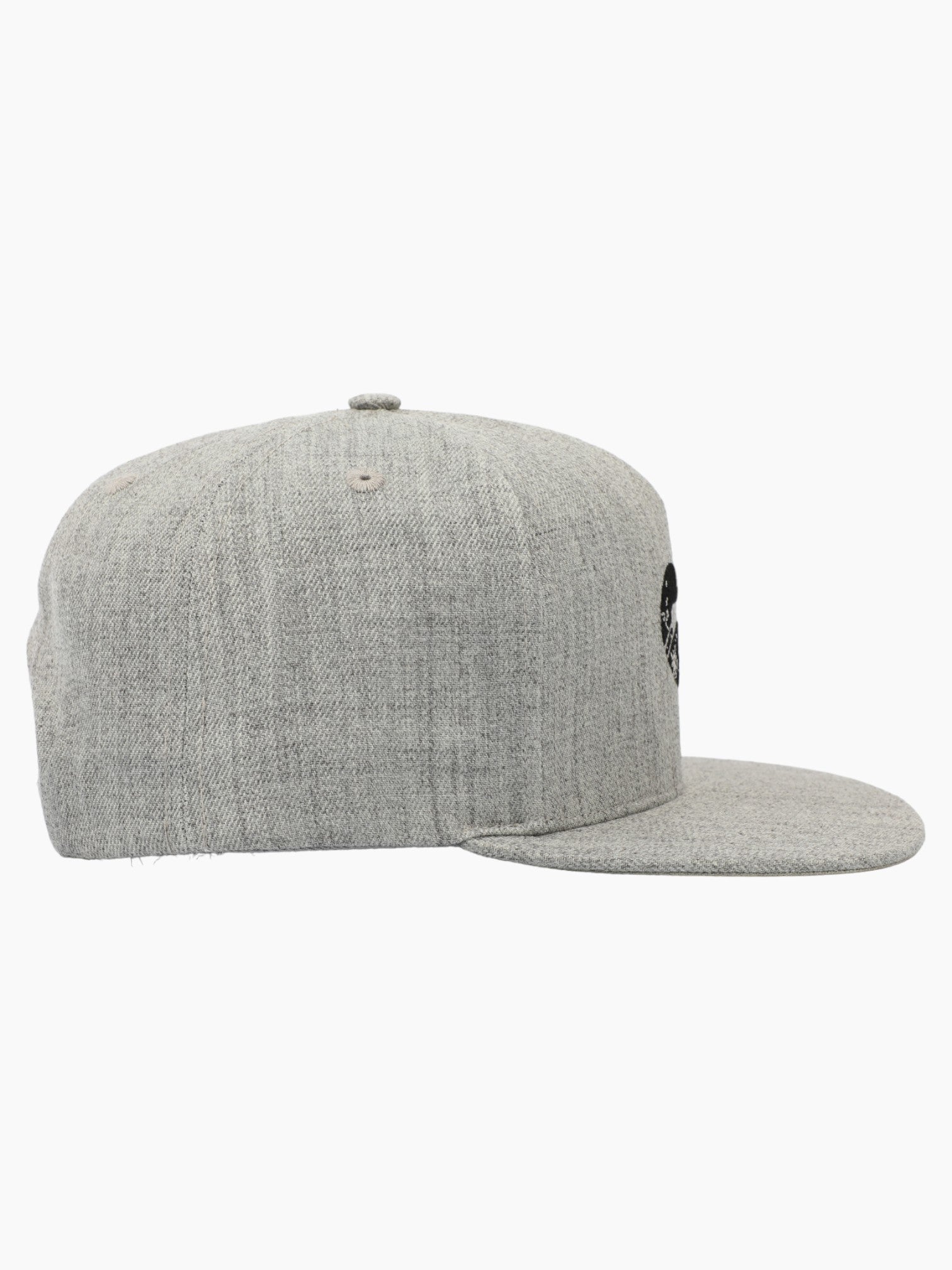 Side view of a heather light grey hat with a flat bill.