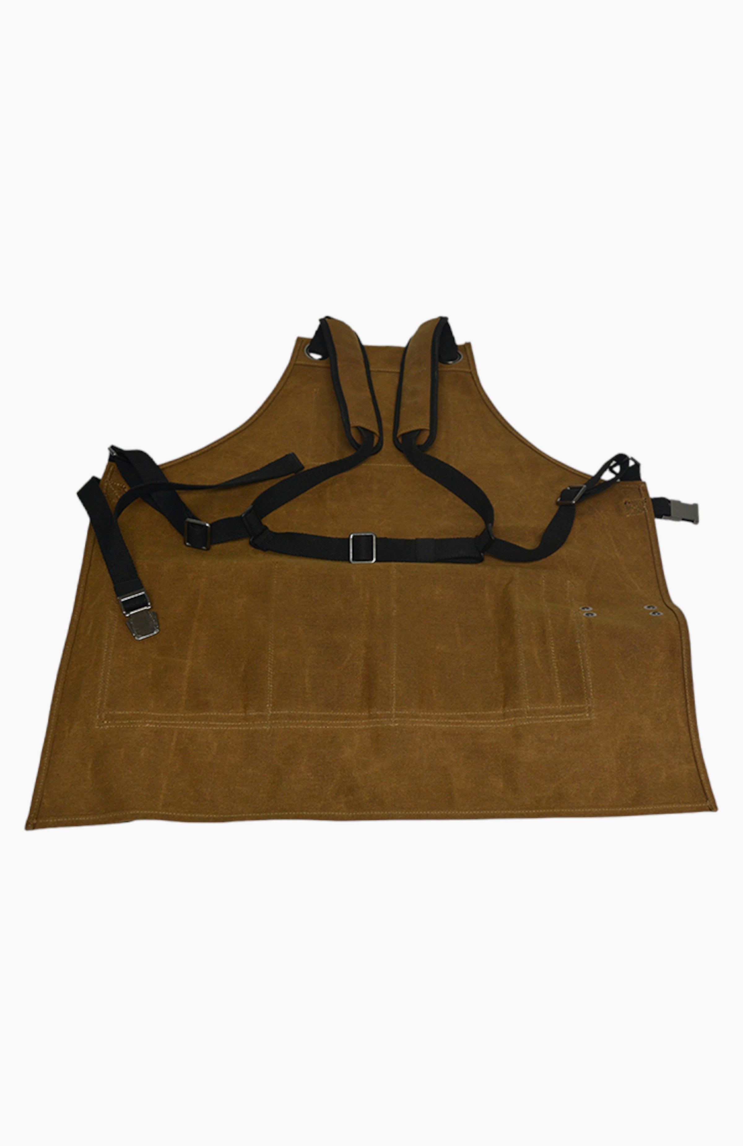 Brown leather apron with black straps and metal clasps.