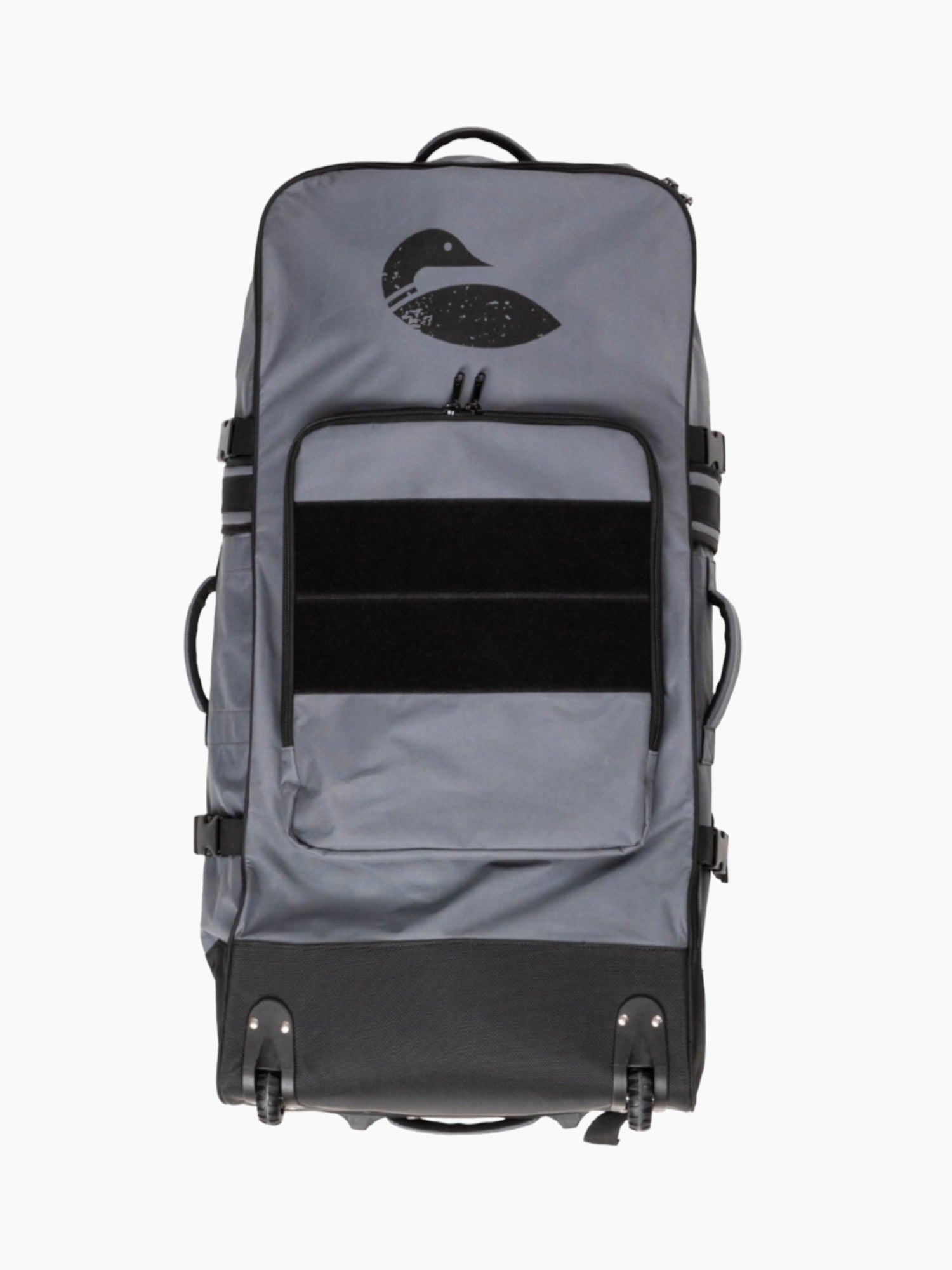 Grey roller bag with black accents with the paddle north loon logo on it.