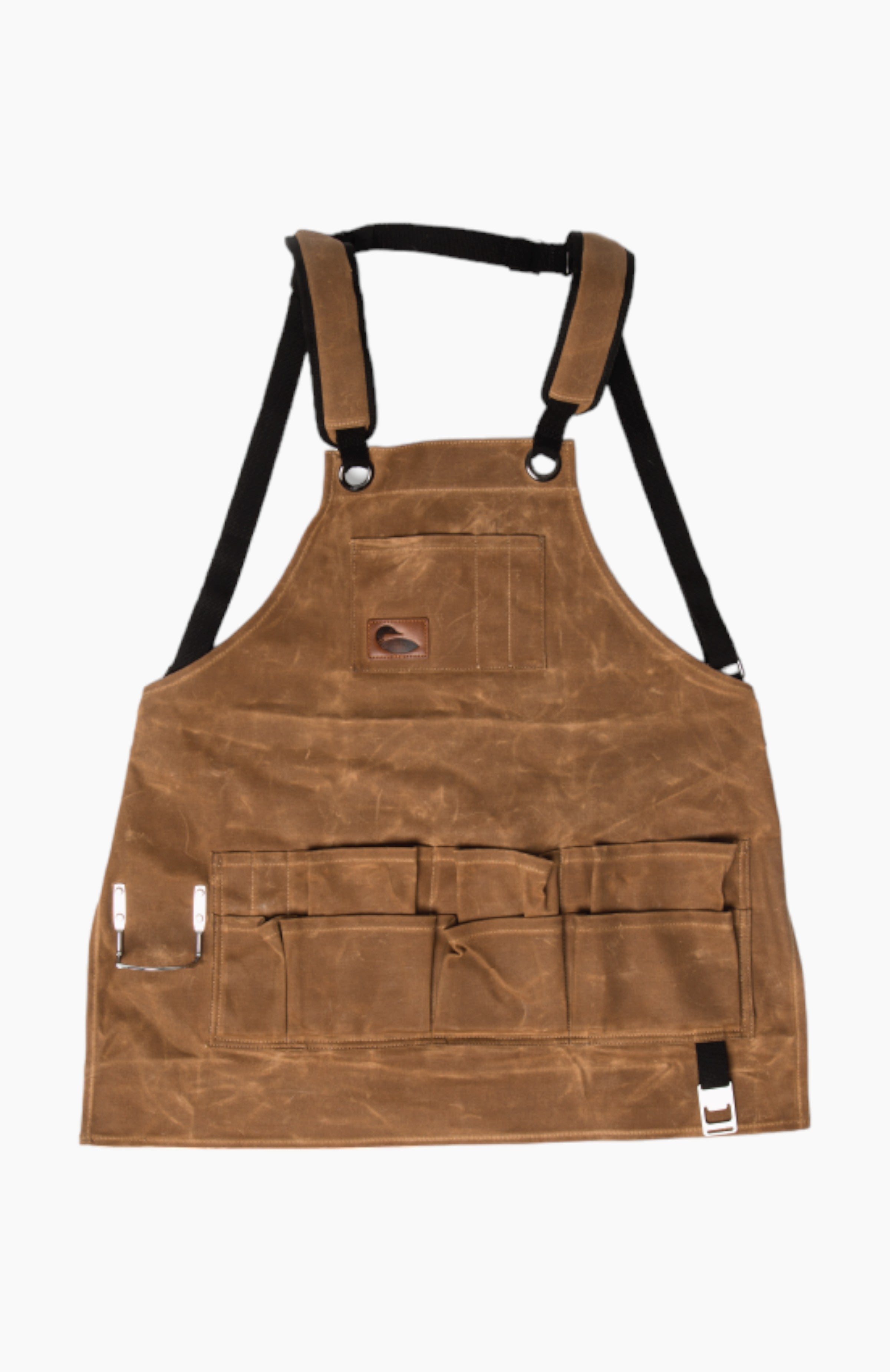 Brown leather apron with several pockets on the front and black straps.