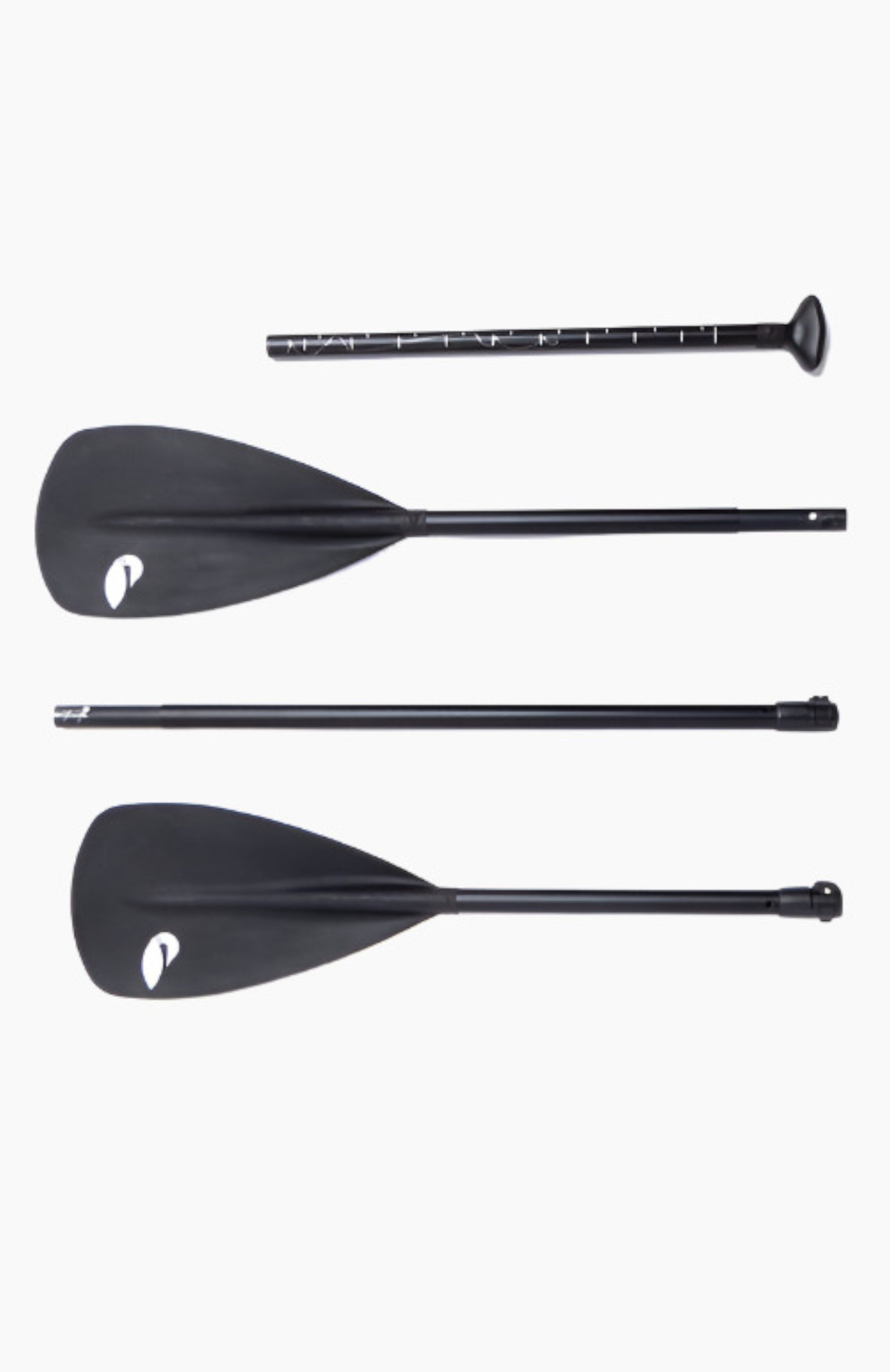 Kayak and Paddle Board Accessories: all black kayak paddle broken down to show all of the pieces.