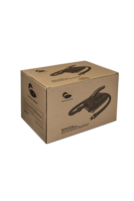 Paddle North 12v electric SUP pump inside of brown box