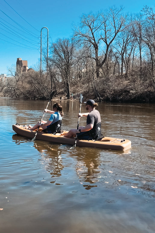 Karve XL inflatable tandem kayak on the Mississippi near Minneapolis