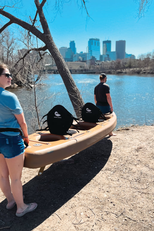 Karve XL inflatable tandem kayak being carried to the Mississippi River near downtown Minneapolis