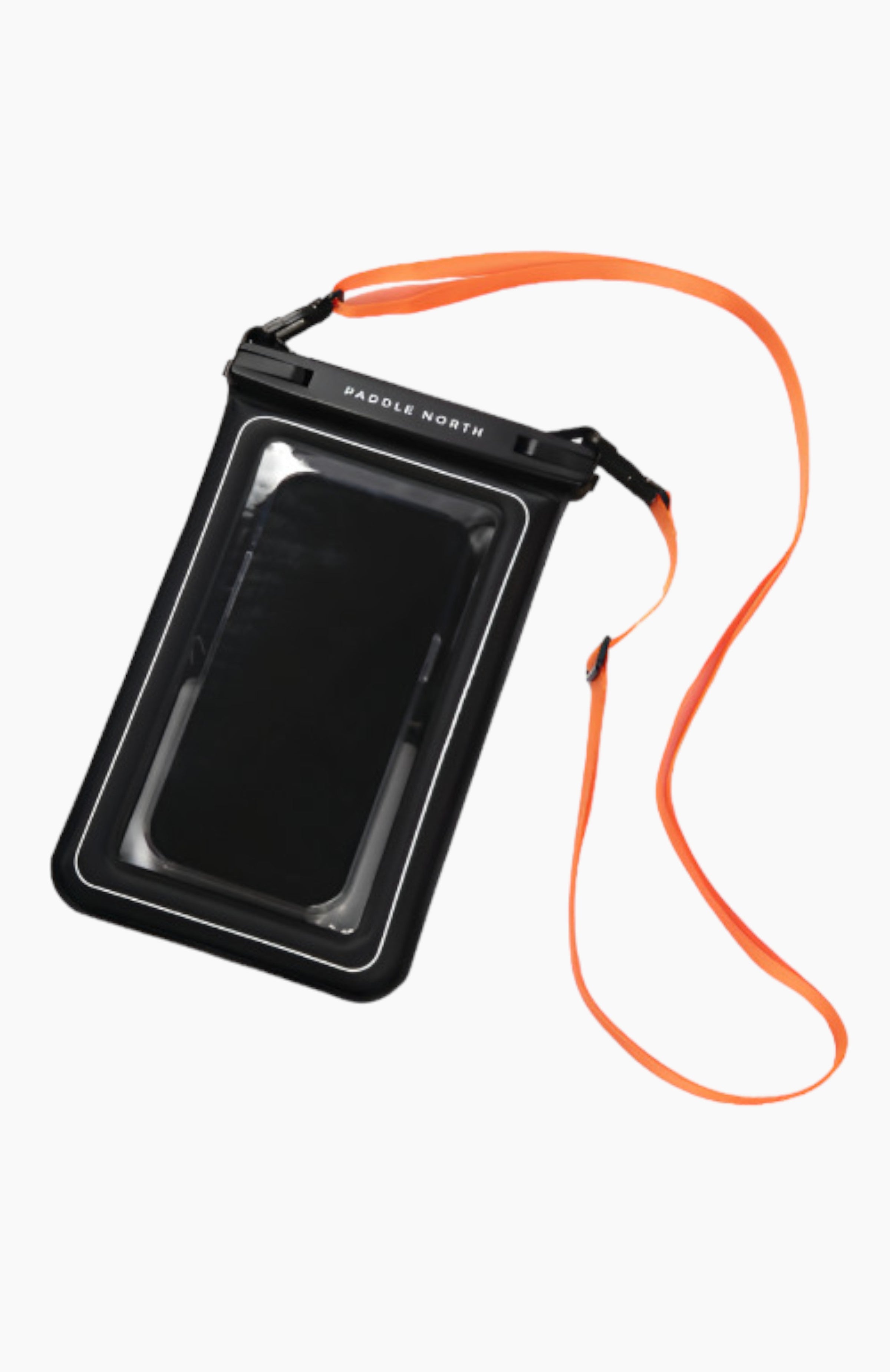 Waterproof protective transparent pouch with orange strap.
