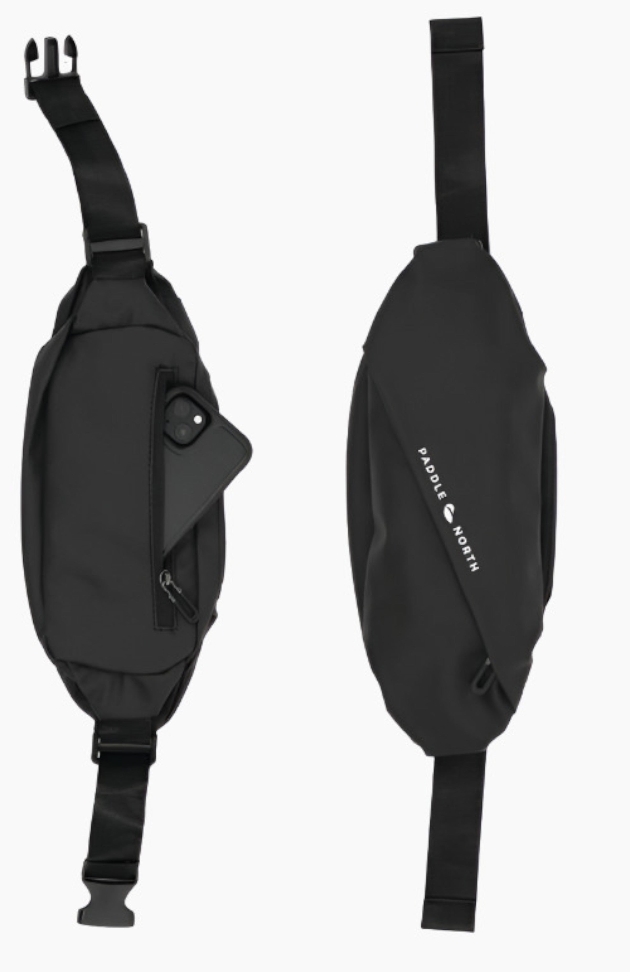 Front and back photos of a black hip pack unbuckled.