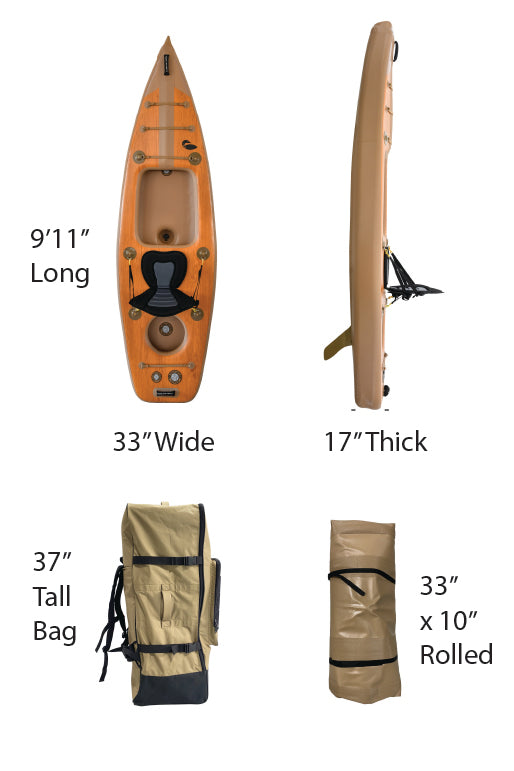 Measurement specs for Karve inflatable kayak and kayak storage bag