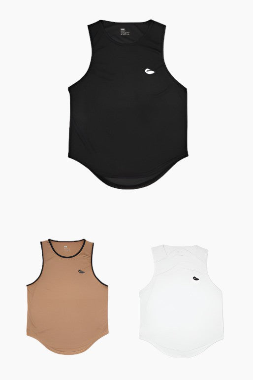 One black, one tan, and one white athletic tank tops stacked showing the color options.