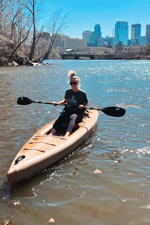 Karve inflatable kayak on the Mississippi River by downtown Minneapolis