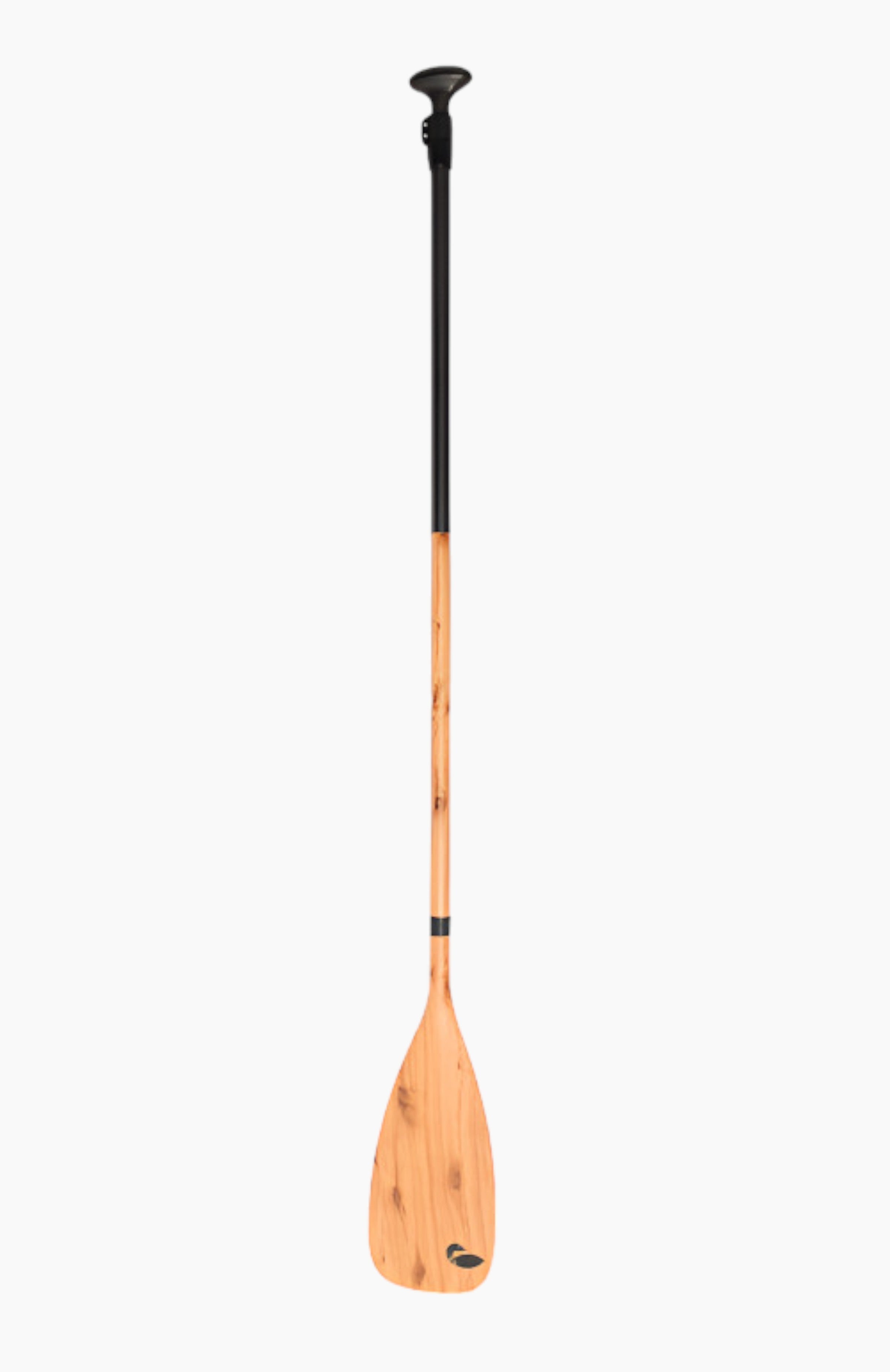 Wooden paddle with black handle.