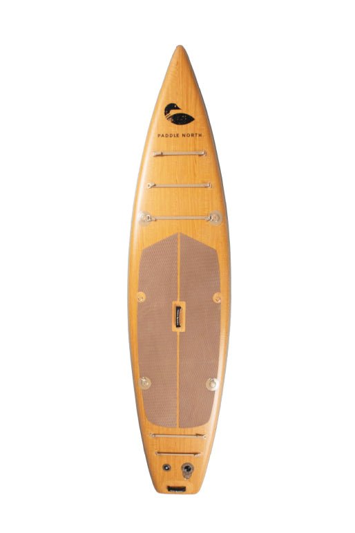 Top view of Portager inflatable paddle board against white background