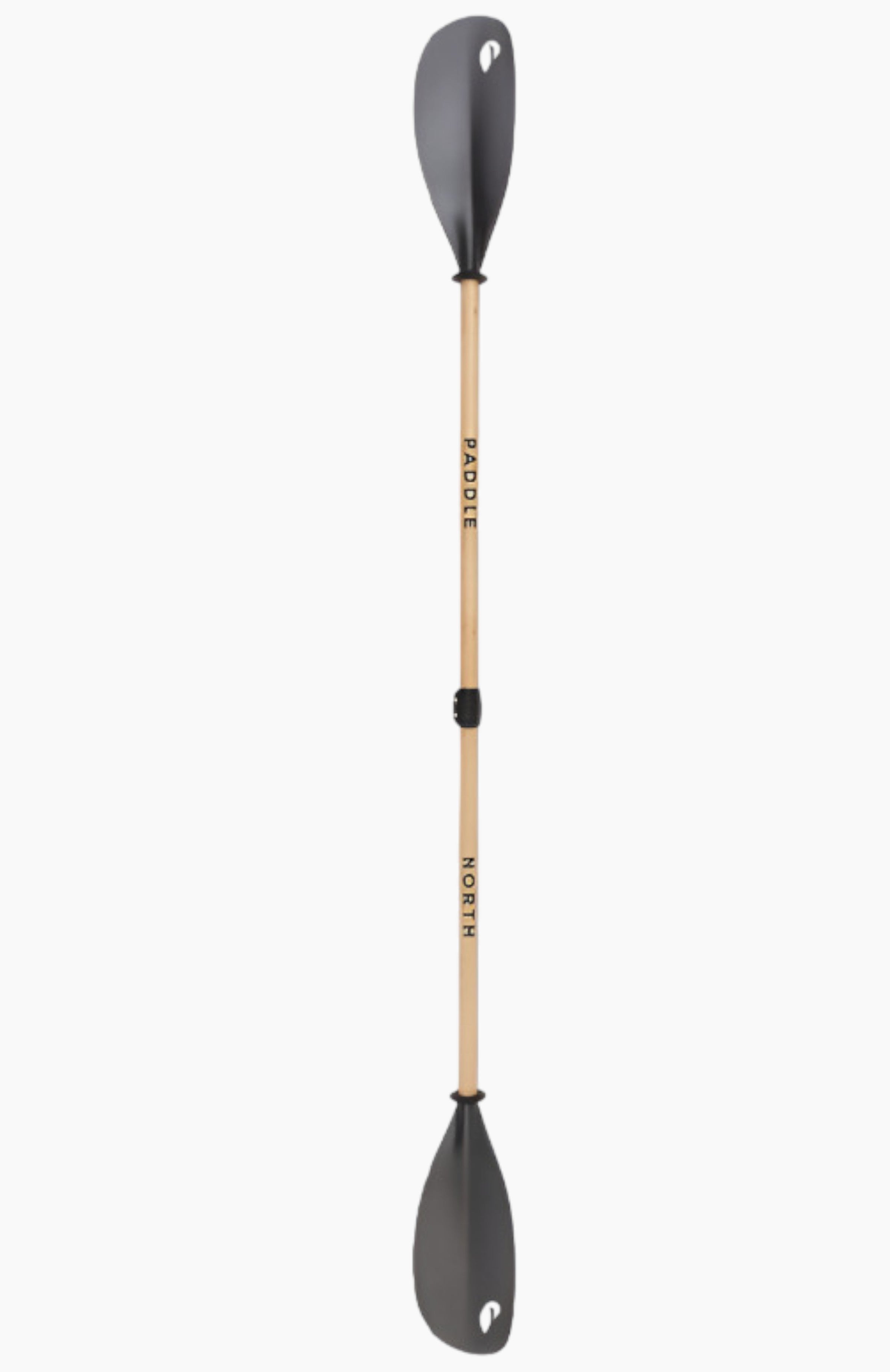 Photo of a kayak paddle with paddles on both ends of the handle. The paddles are black and the handle is wood.