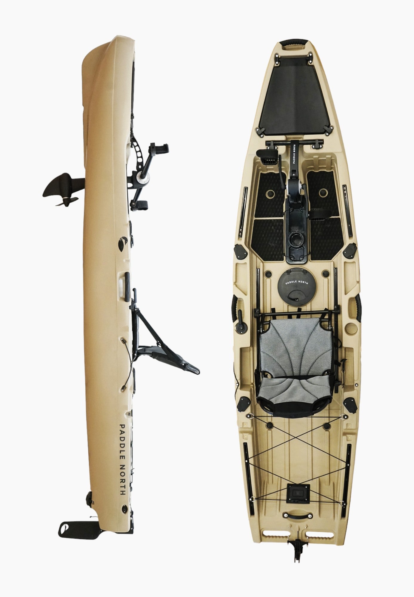 A tan kayak with black design accents and a grey seat viewed from the top and the side.