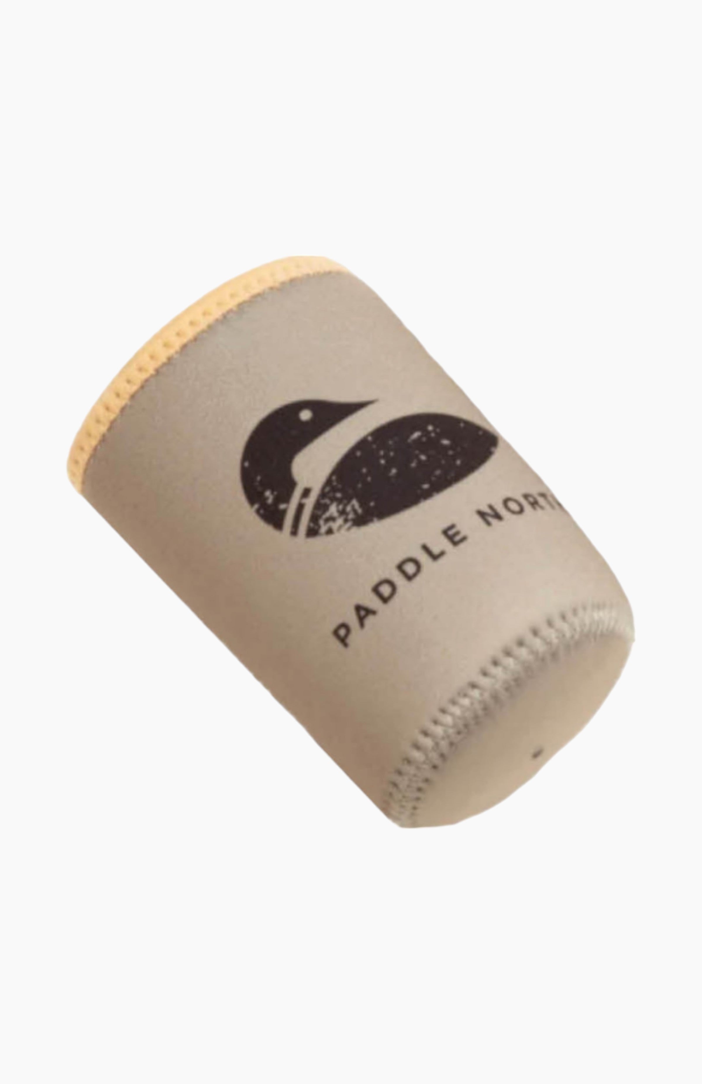 A grey can koozie with tan seam with the paddle north logo printed on one side.