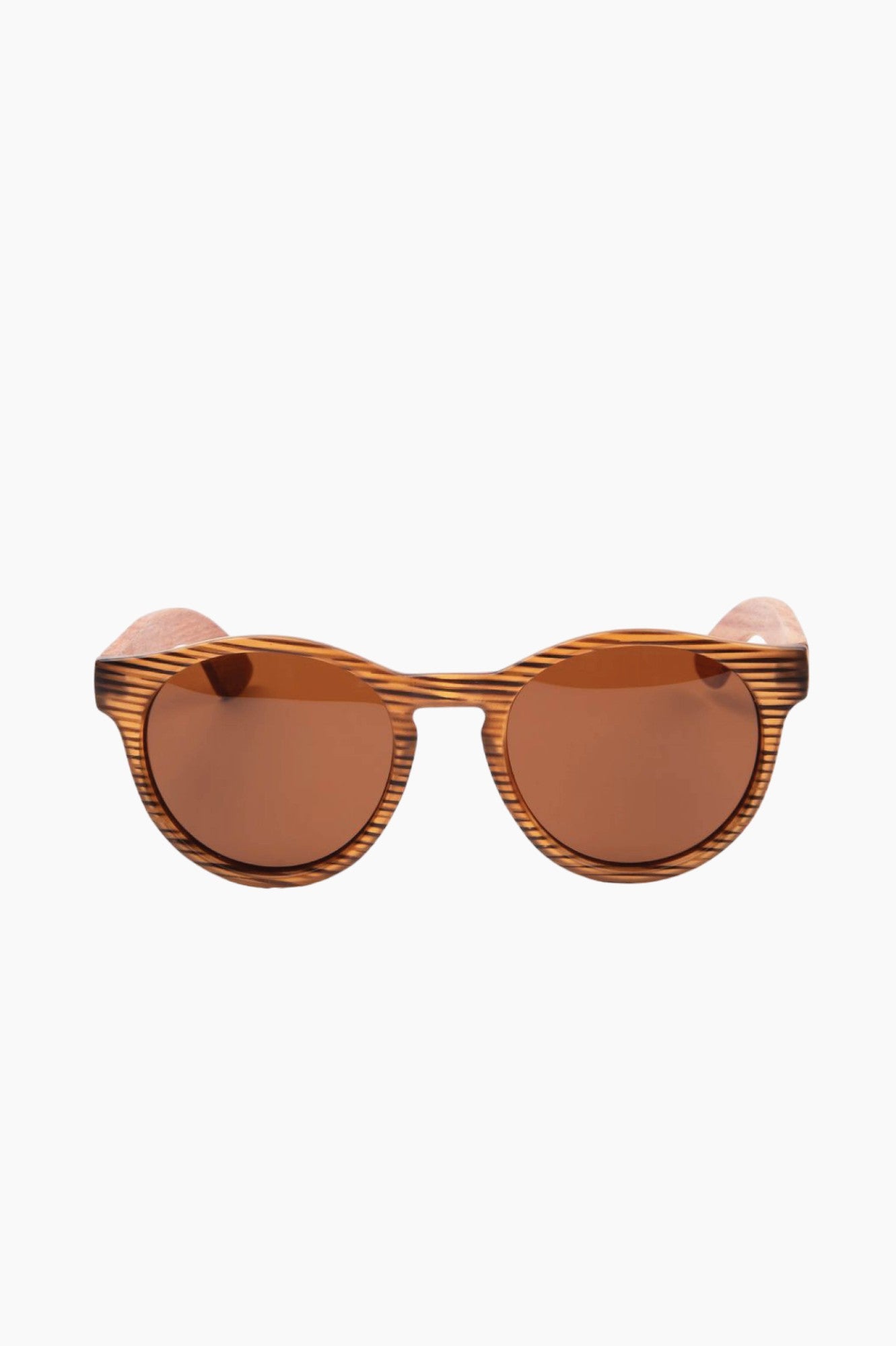 Front view of round, wood-looking sunglasses.