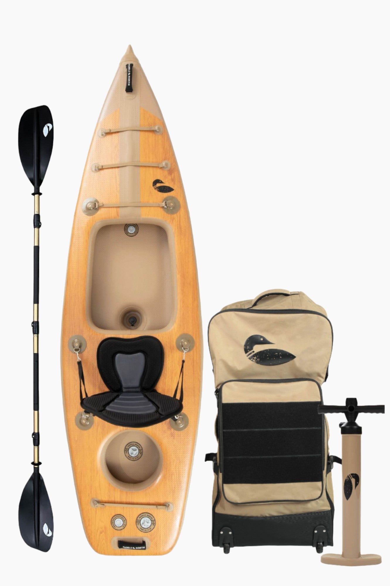 Top view of an inflatable kayak, black paddle, tan travel bag and tan and black hand pump.