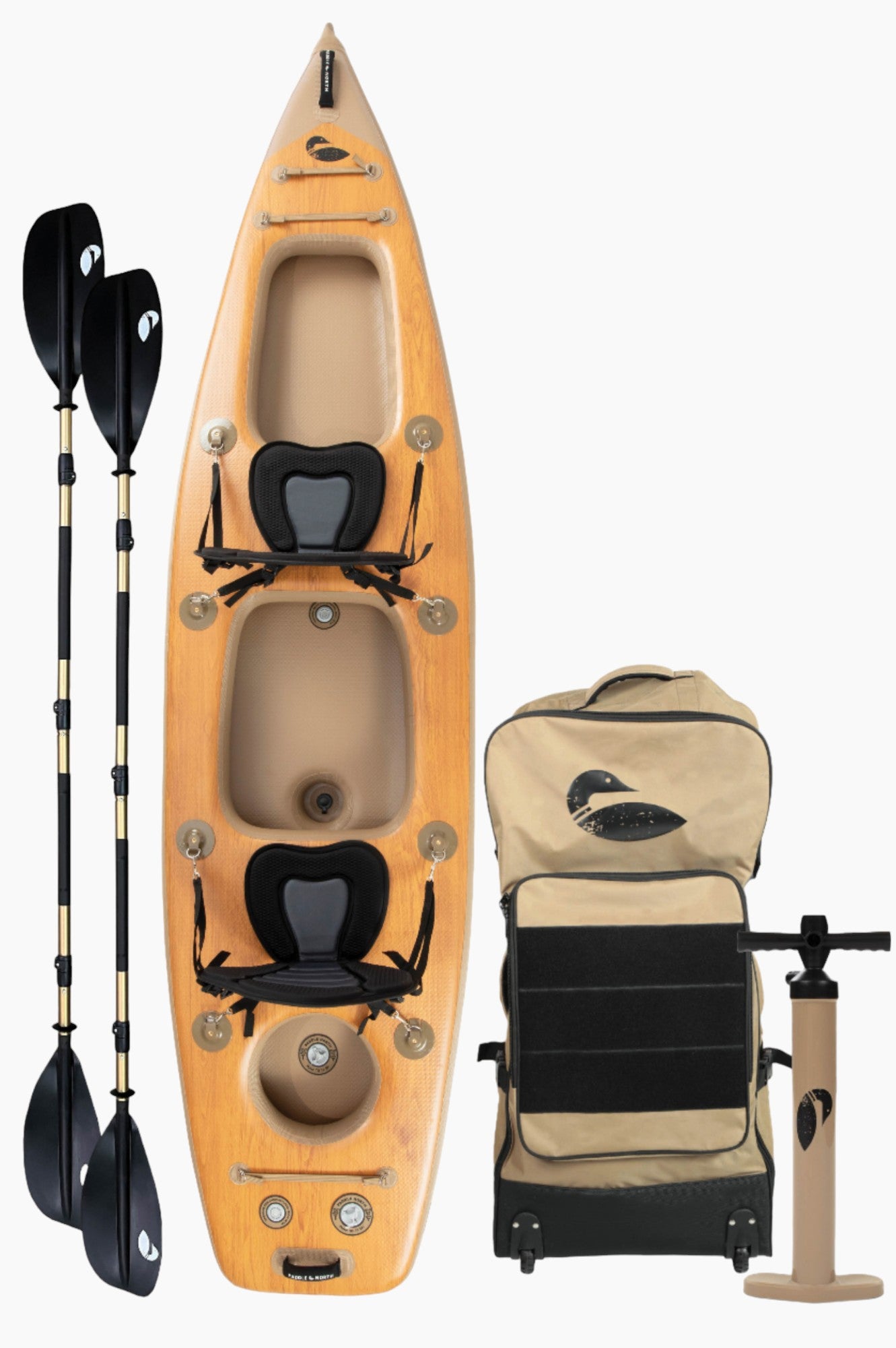 Inflatable double kayak with two seats, two black paddles, a kayak bag and a pump.