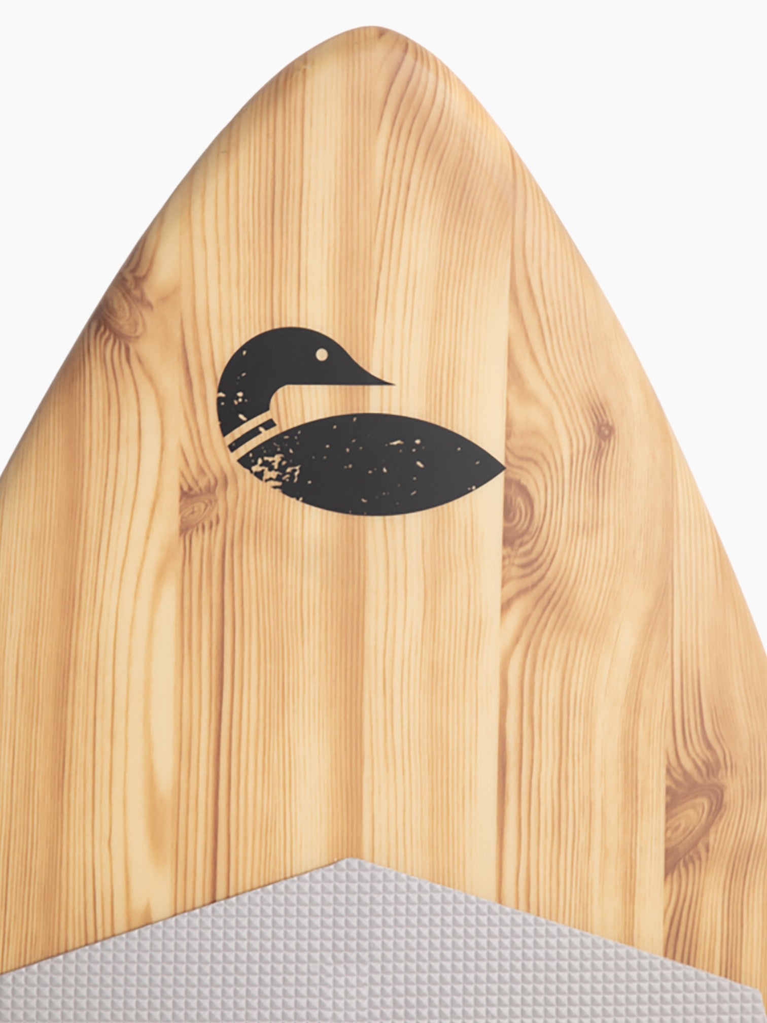 Close up photo of a wooden lake surfer with a black loon on it.