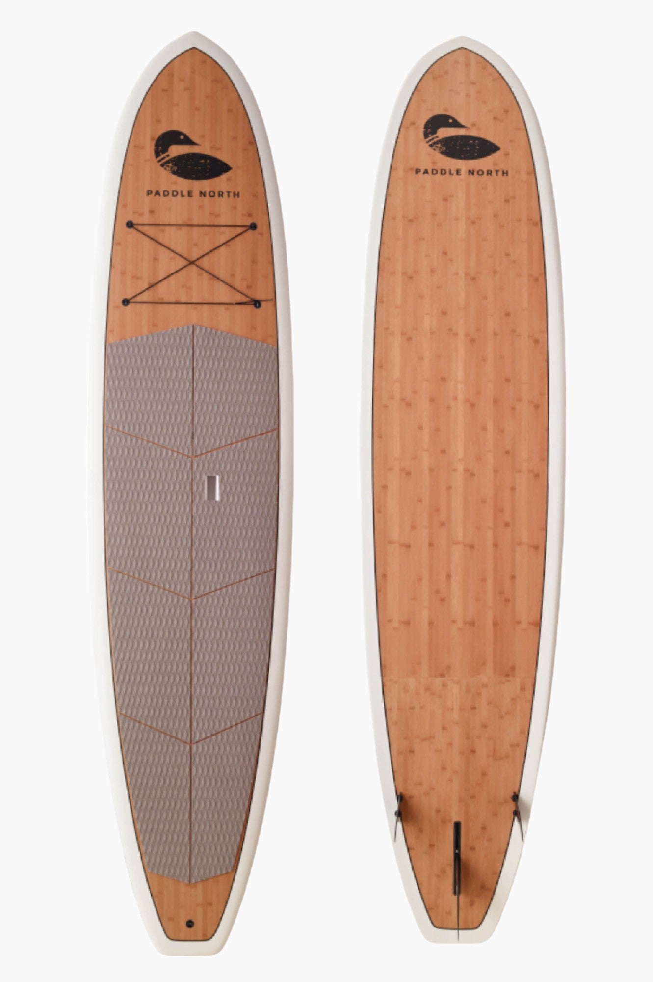 Photo of a top of a paddle board next to a photo of the bottom of a paddle board.