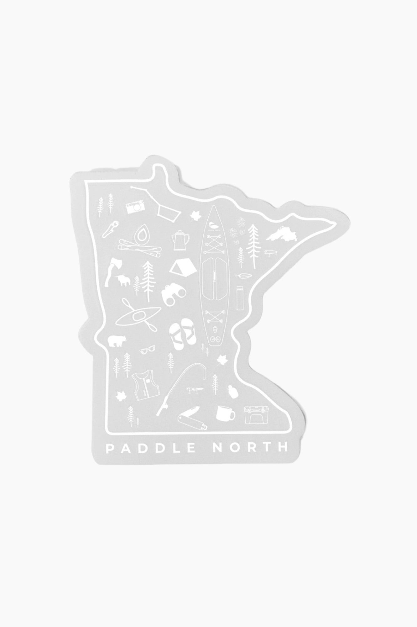 Transparent sticker in the shape of MN filled with paddle boards and various outdoors gear.