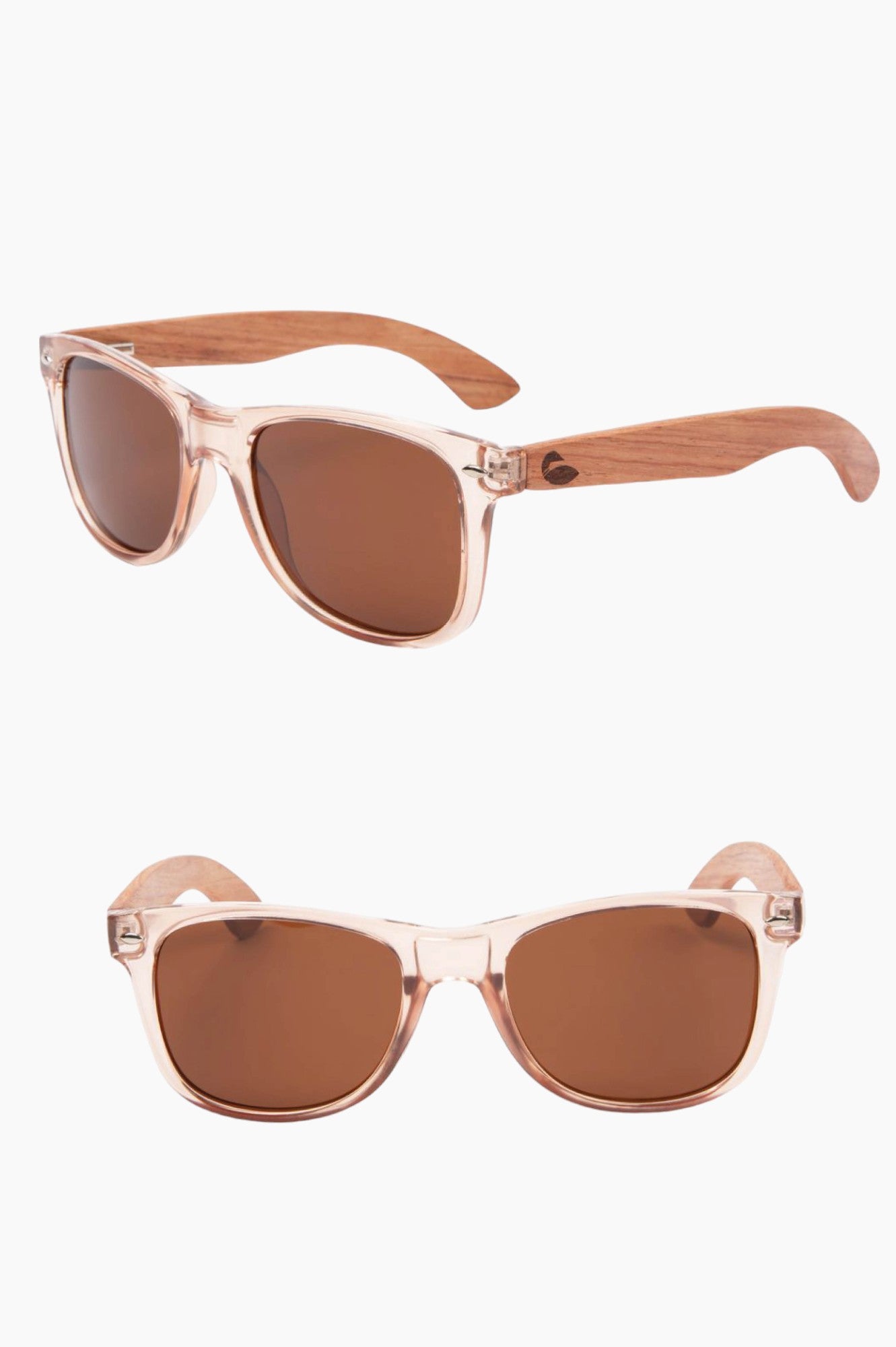 Clear, salmon-tinged framed sunglasses with wood temple pieces and loon logo.
