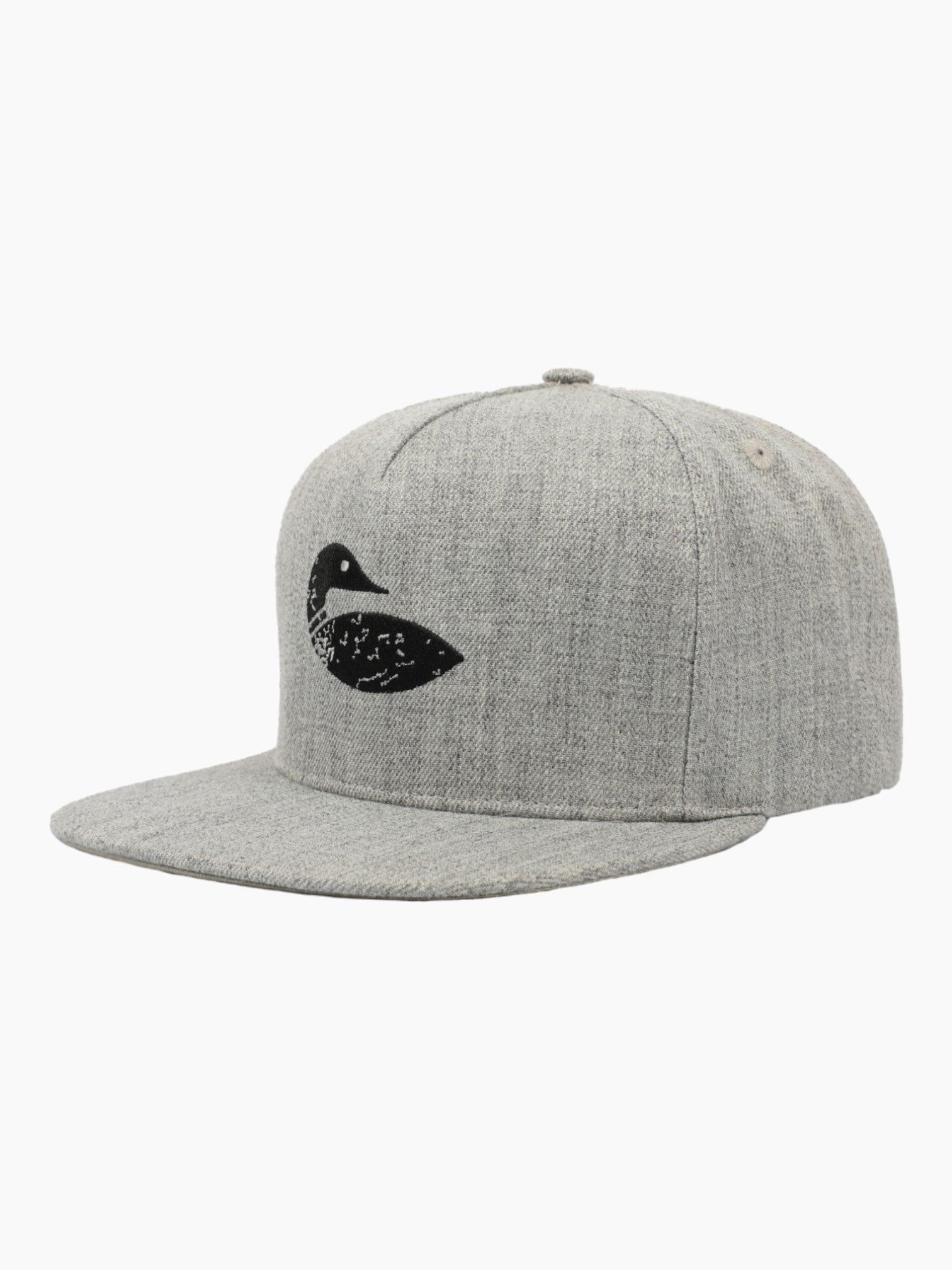 Heather light grey flat bill hat with black loon logo on the front.