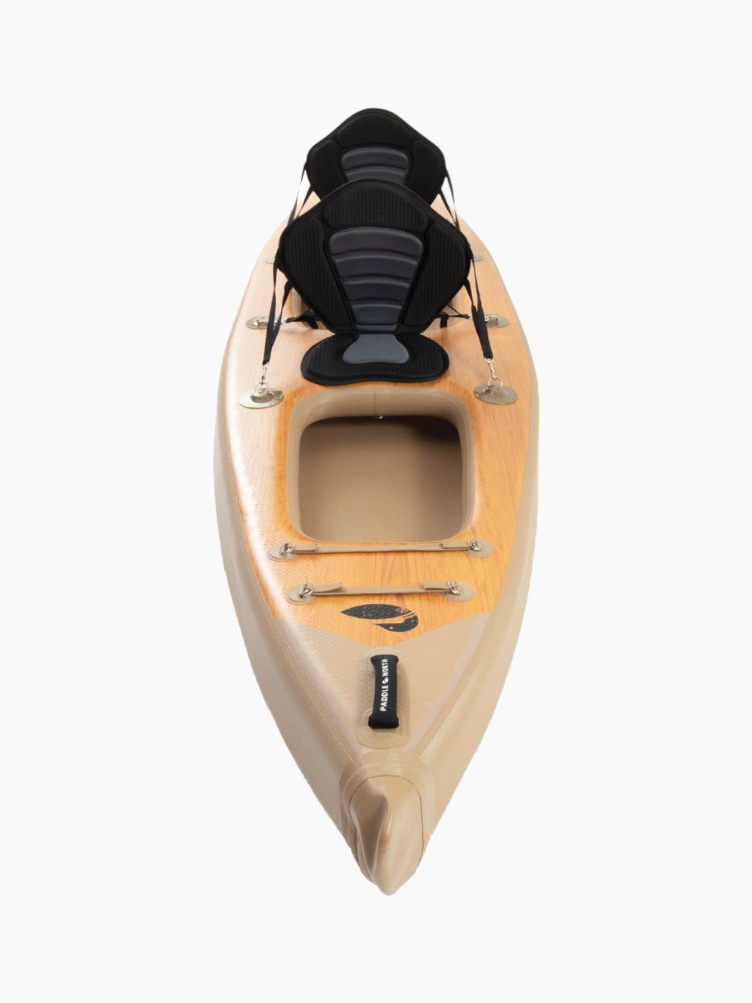Front view of a double inflatable kayak with black seats.