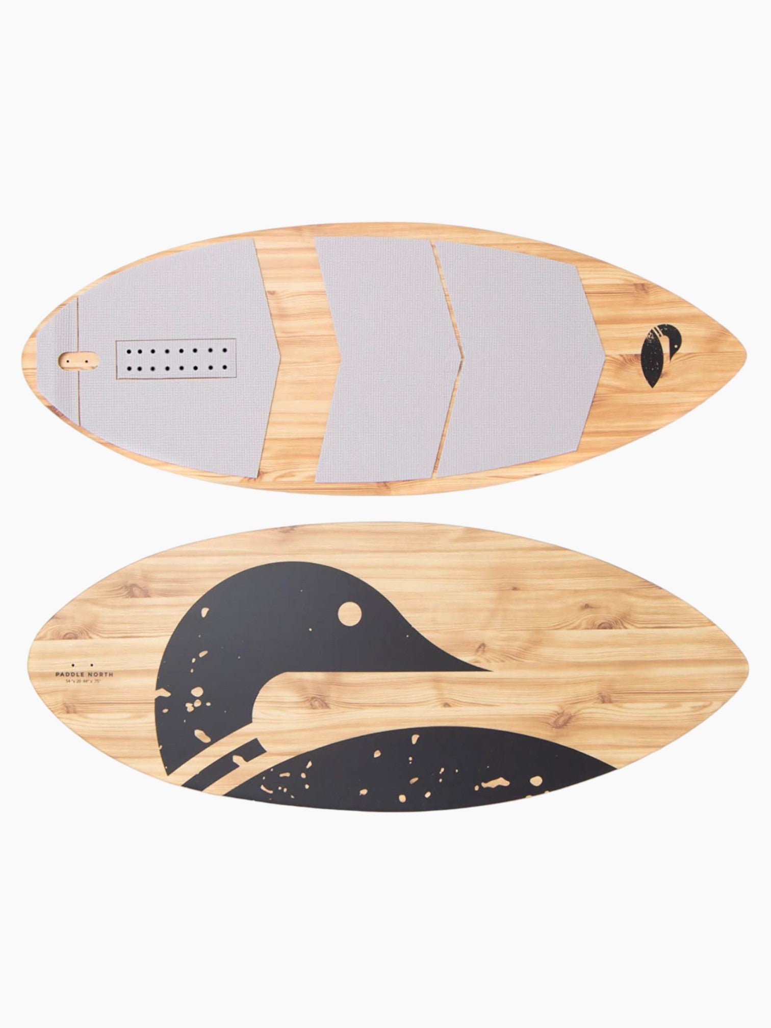 Photos of the front and back of a wooden lake surfer.