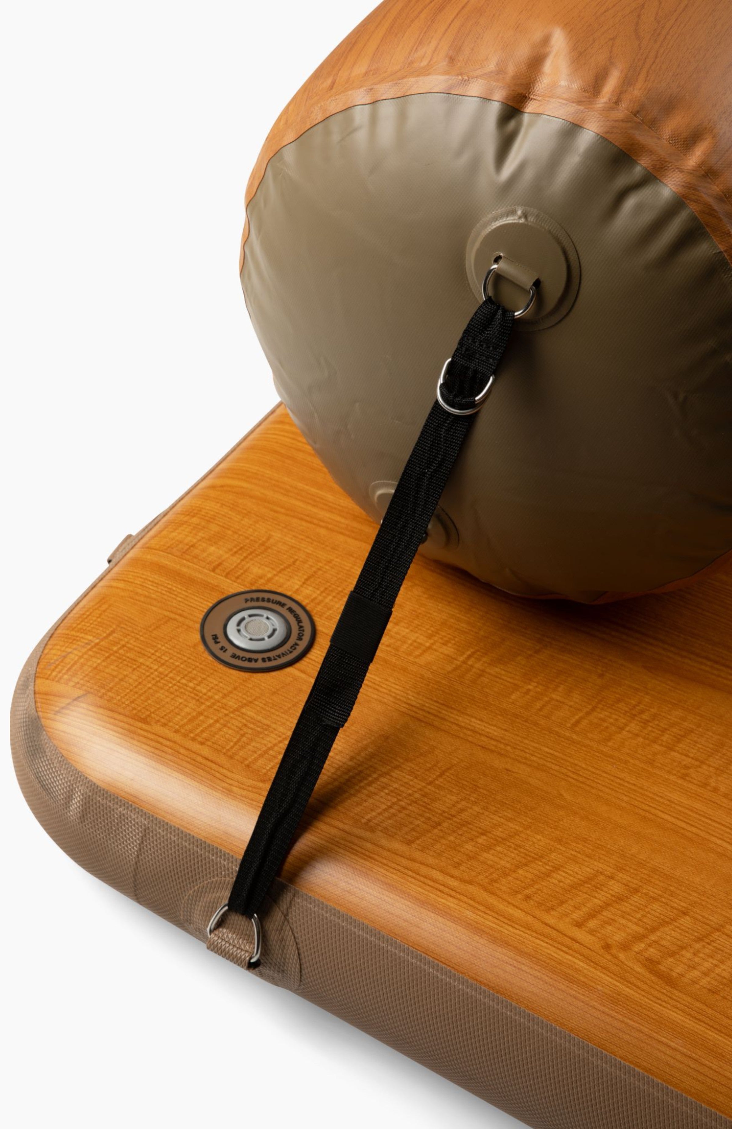 Dock accessories: a dock log installed on a paddle north raft showcasing the strap and rings.