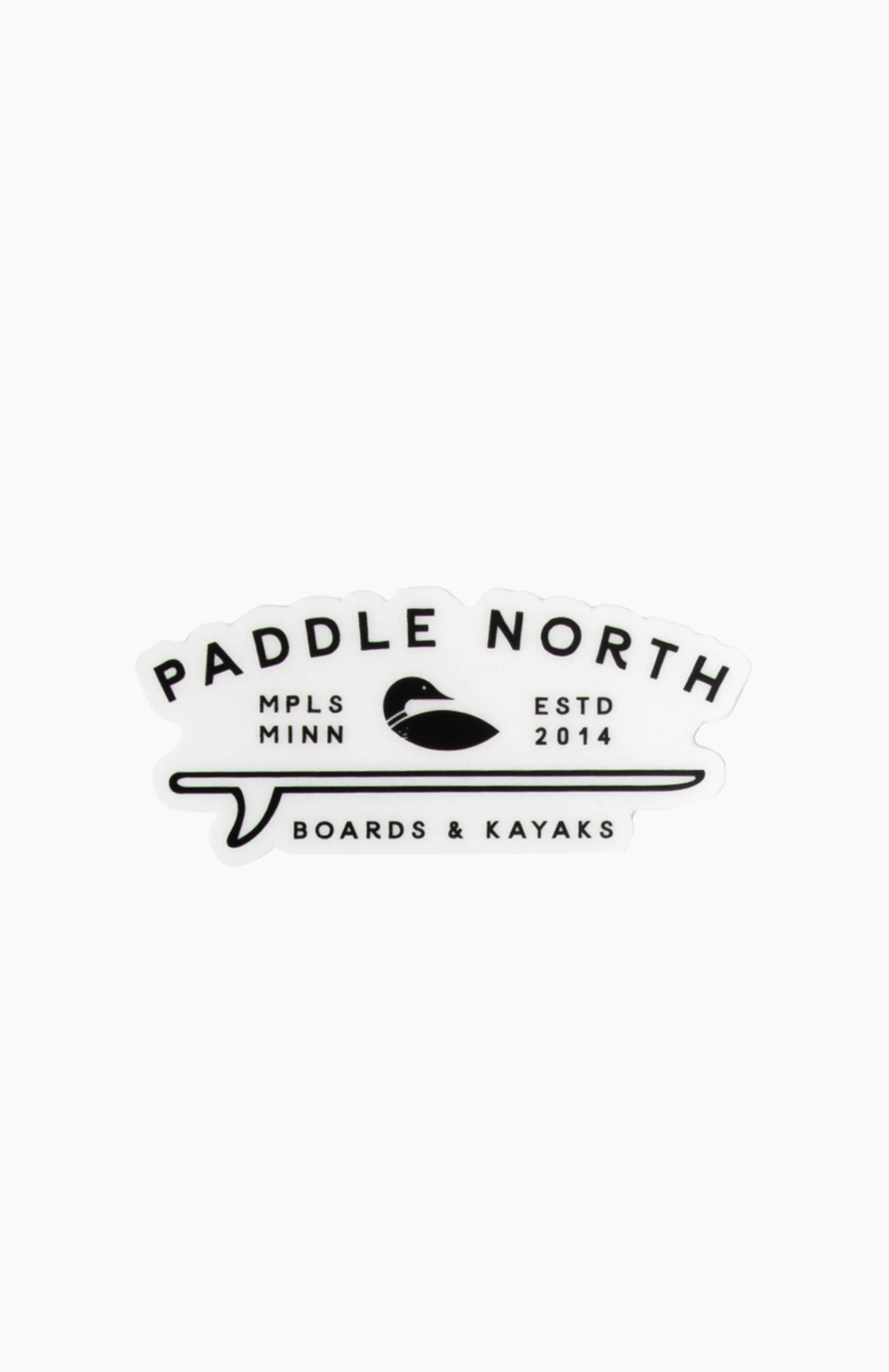 Paddle north sticker containing a loon, paddle board, and branding.