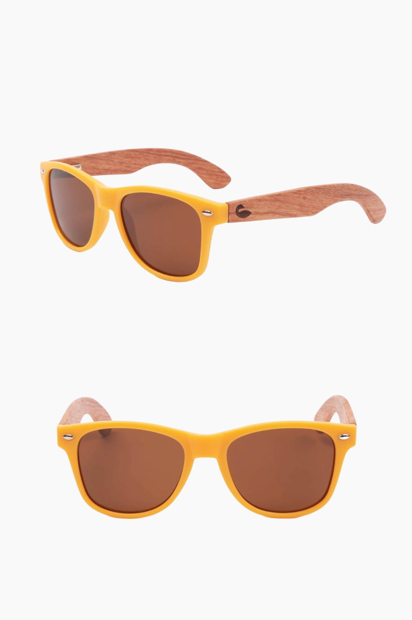 Yellow framed sunglasses with wood temple piece.