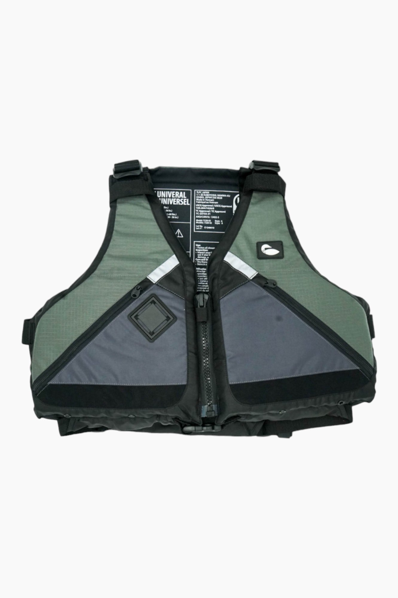 Green and grey life vest with black zippers.